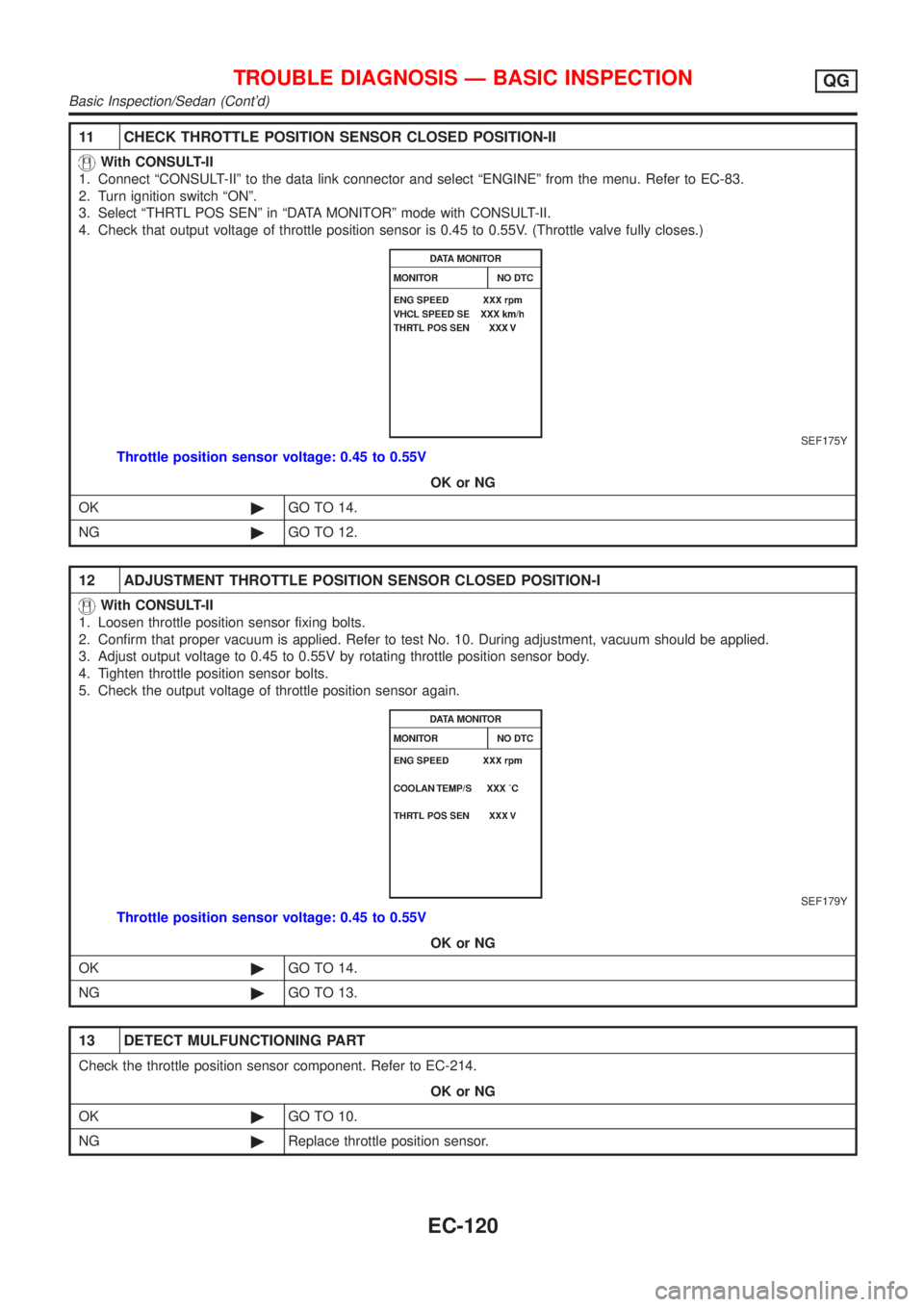 NISSAN ALMERA 2001 Service Manual 11 CHECK THROTTLE POSITION SENSOR CLOSED POSITION-II
With CONSULT-II
1. Connect ªCONSULT-IIº to the data link connector and select ªENGINEº from the menu. Refer to EC-83.
2. Turn ignition switch NISSAN ALMERA 2001 Service Manual 11 CHECK THROTTLE POSITION SENSOR CLOSED POSITION-II
With CONSULT-II
1. Connect ªCONSULT-IIº to the data link connector and select ªENGINEº from the menu. Refer to EC-83.
2. Turn ignition switch