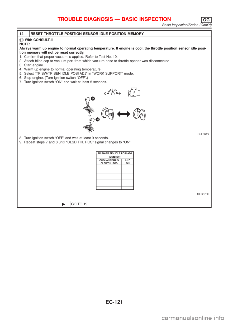 NISSAN ALMERA 2001 Service Manual 14 RESET THROTTLE POSITION SENSOR IDLE POSITION MEMORY
With CONSULT-II
NOTE:
Always warm up engine to normal operating temperature. If engine is cool, the throttle position sensor idle posi-
tion memo NISSAN ALMERA 2001 Service Manual 14 RESET THROTTLE POSITION SENSOR IDLE POSITION MEMORY
With CONSULT-II
NOTE:
Always warm up engine to normal operating temperature. If engine is cool, the throttle position sensor idle posi-
tion memo