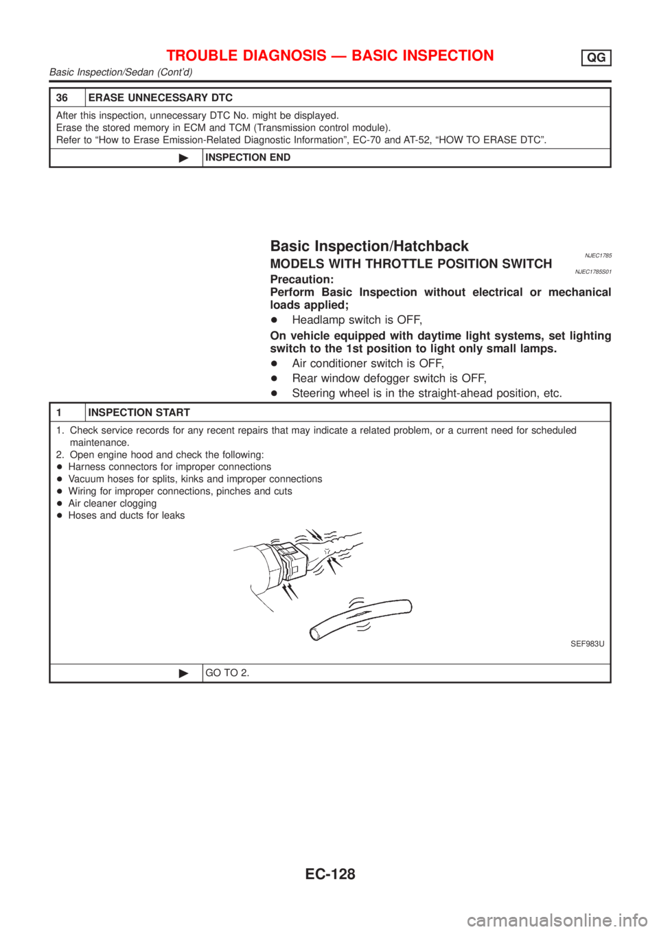 NISSAN ALMERA 2001 Service Manual 36 ERASE UNNECESSARY DTC
After this inspection, unnecessary DTC No. might be displayed.
Erase the stored memory in ECM and TCM (Transmission control module).
Refer to ªHow to Erase Emission-Related D NISSAN ALMERA 2001 Service Manual 36 ERASE UNNECESSARY DTC
After this inspection, unnecessary DTC No. might be displayed.
Erase the stored memory in ECM and TCM (Transmission control module).
Refer to ªHow to Erase Emission-Related D