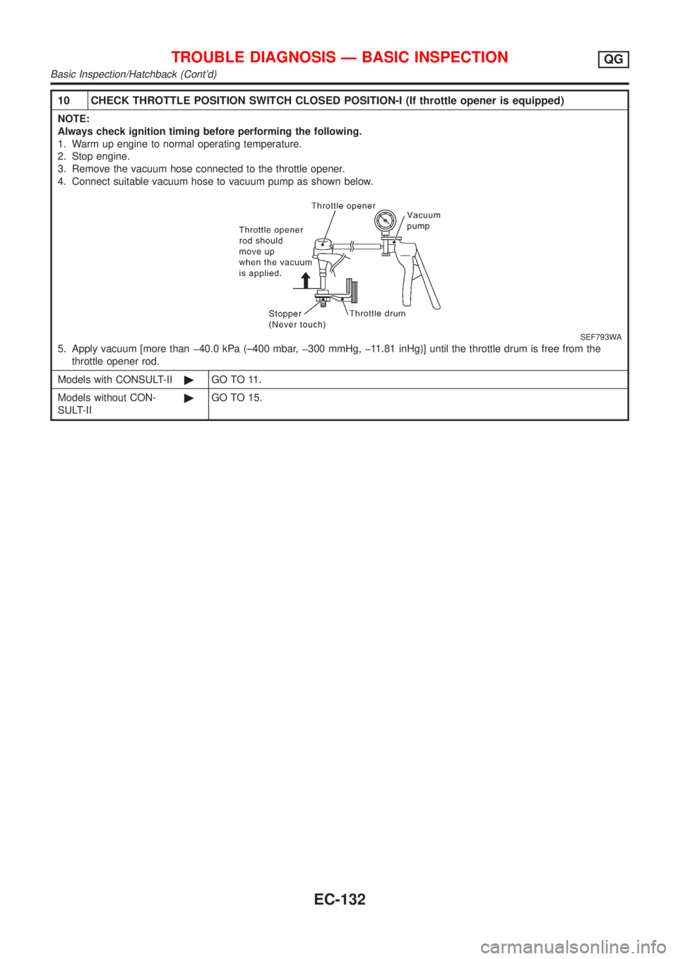 NISSAN ALMERA 2001 Service Manual 10 CHECK THROTTLE POSITION SWITCH CLOSED POSITION-I (If throttle opener is equipped)
NOTE:
Always check ignition timing before performing the following.
1. Warm up engine to normal operating temperatu NISSAN ALMERA 2001 Service Manual 10 CHECK THROTTLE POSITION SWITCH CLOSED POSITION-I (If throttle opener is equipped)
NOTE:
Always check ignition timing before performing the following.
1. Warm up engine to normal operating temperatu