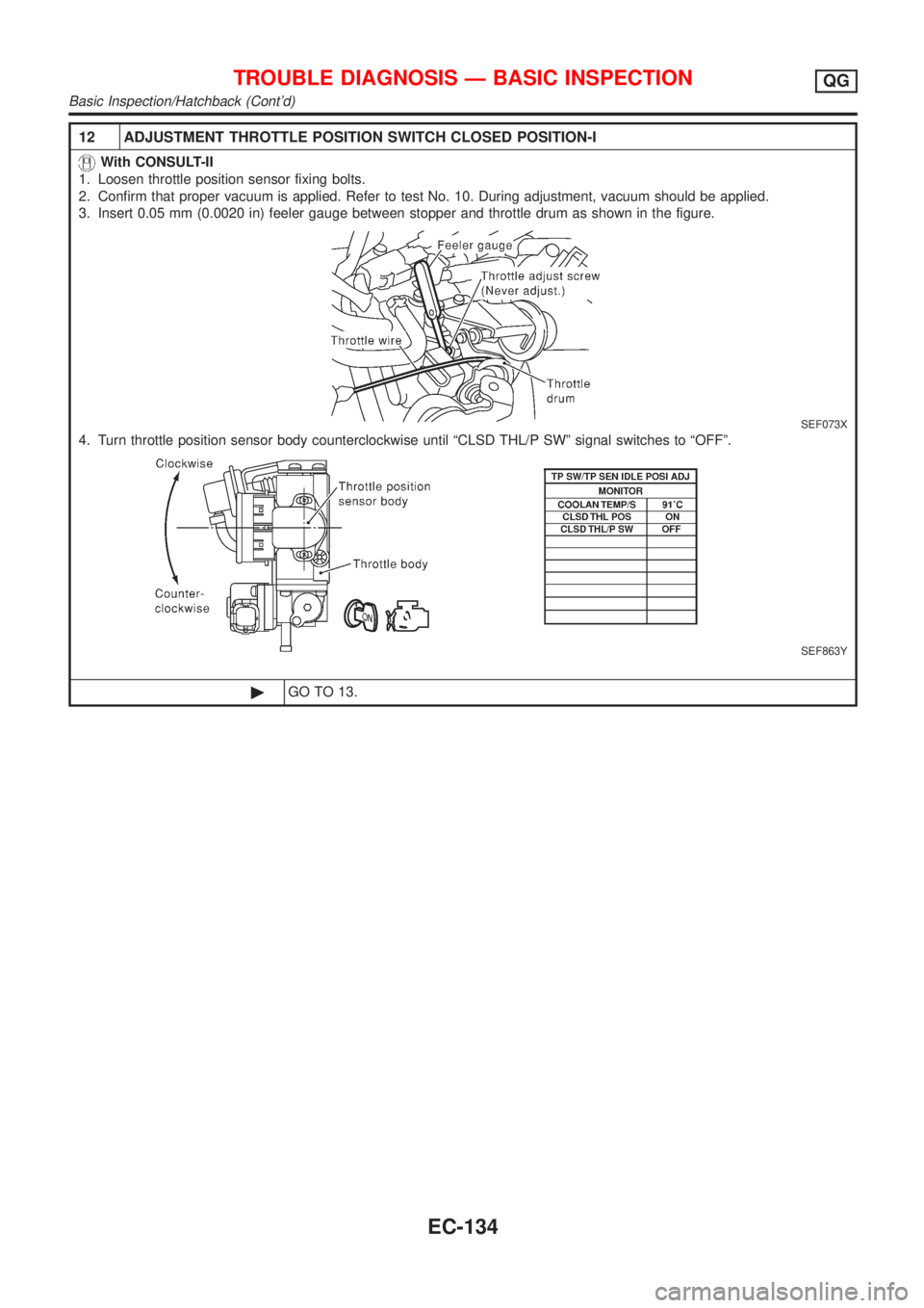 NISSAN ALMERA 2001 Service Manual 12 ADJUSTMENT THROTTLE POSITION SWITCH CLOSED POSITION-I
With CONSULT-II
1. Loosen throttle position sensor fixing bolts.
2. Confirm that proper vacuum is applied. Refer to test No. 10. During adjustm NISSAN ALMERA 2001 Service Manual 12 ADJUSTMENT THROTTLE POSITION SWITCH CLOSED POSITION-I
With CONSULT-II
1. Loosen throttle position sensor fixing bolts.
2. Confirm that proper vacuum is applied. Refer to test No. 10. During adjustm