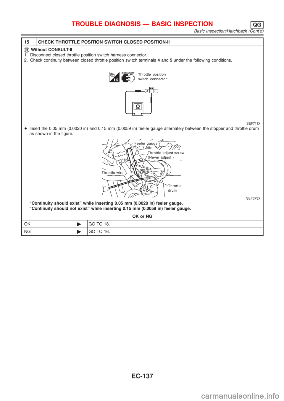 NISSAN ALMERA 2001 Service Manual 15 CHECK THROTTLE POSITION SWITCH CLOSED POSITION-II
Without CONSULT-II
1. Disconnect closed throttle position switch harness connector.
2. Check continuity between closed throttle position switch ter NISSAN ALMERA 2001 Service Manual 15 CHECK THROTTLE POSITION SWITCH CLOSED POSITION-II
Without CONSULT-II
1. Disconnect closed throttle position switch harness connector.
2. Check continuity between closed throttle position switch ter