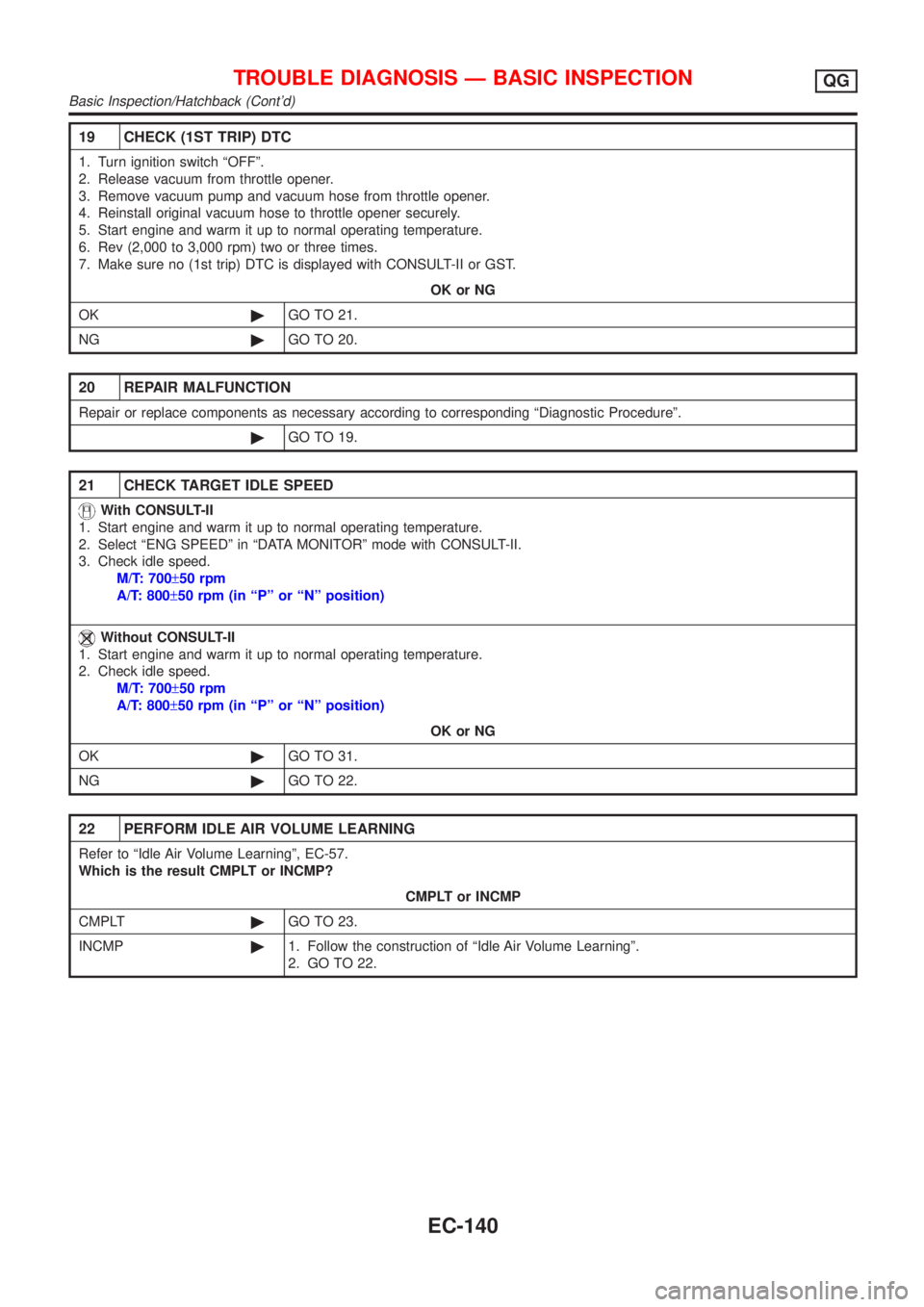 NISSAN ALMERA 2001 Service Manual 19 CHECK (1ST TRIP) DTC
1. Turn ignition switch ªOFFº.
2. Release vacuum from throttle opener.
3. Remove vacuum pump and vacuum hose from throttle opener.
4. Reinstall original vacuum hose to thrott NISSAN ALMERA 2001 Service Manual 19 CHECK (1ST TRIP) DTC
1. Turn ignition switch ªOFFº.
2. Release vacuum from throttle opener.
3. Remove vacuum pump and vacuum hose from throttle opener.
4. Reinstall original vacuum hose to thrott