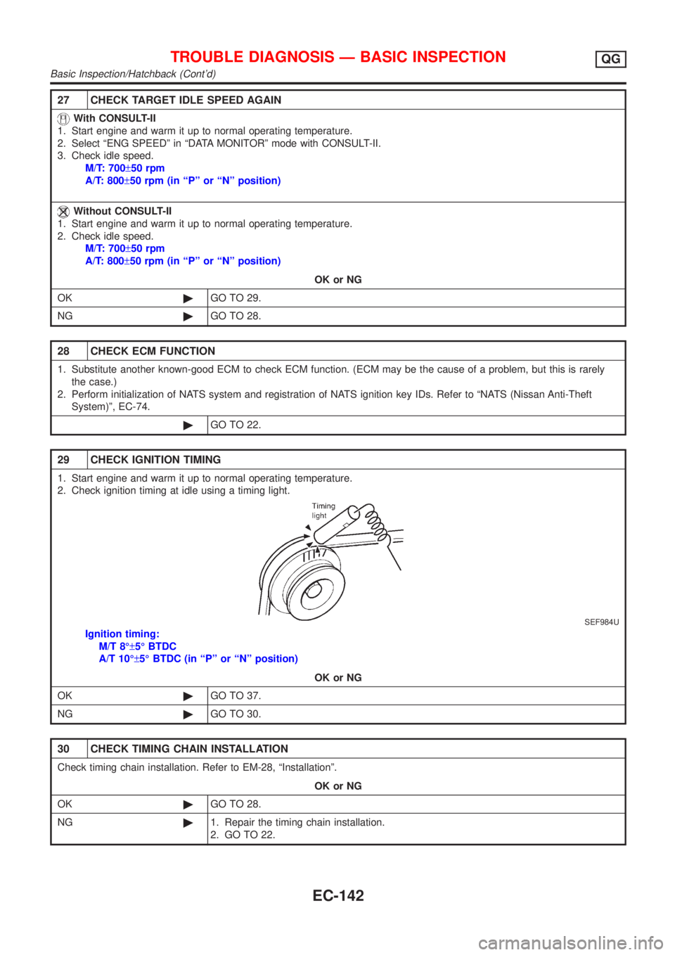 NISSAN ALMERA 2001 Service Manual 27 CHECK TARGET IDLE SPEED AGAIN
With CONSULT-II
1. Start engine and warm it up to normal operating temperature.
2. Select ªENG SPEEDº in ªDATA MONITORº mode with CONSULT-II.
3. Check idle speed.
NISSAN ALMERA 2001 Service Manual 27 CHECK TARGET IDLE SPEED AGAIN
With CONSULT-II
1. Start engine and warm it up to normal operating temperature.
2. Select ªENG SPEEDº in ªDATA MONITORº mode with CONSULT-II.
3. Check idle speed.