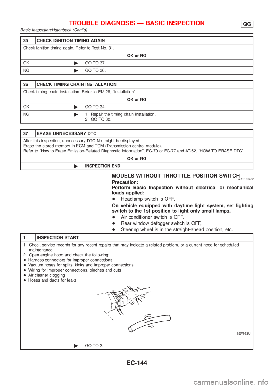 NISSAN ALMERA 2001 Service Manual 35 CHECK IGNITION TIMING AGAIN
Check ignition timing again. Refer to Test No. 31.
OK or NG
OK©GO TO 37.
NG©GO TO 36.
36 CHECK TIMING CHAIN INSTALLATION
Check timing chain installation. Refer to EM-2 NISSAN ALMERA 2001 Service Manual 35 CHECK IGNITION TIMING AGAIN
Check ignition timing again. Refer to Test No. 31.
OK or NG
OK©GO TO 37.
NG©GO TO 36.
36 CHECK TIMING CHAIN INSTALLATION
Check timing chain installation. Refer to EM-2