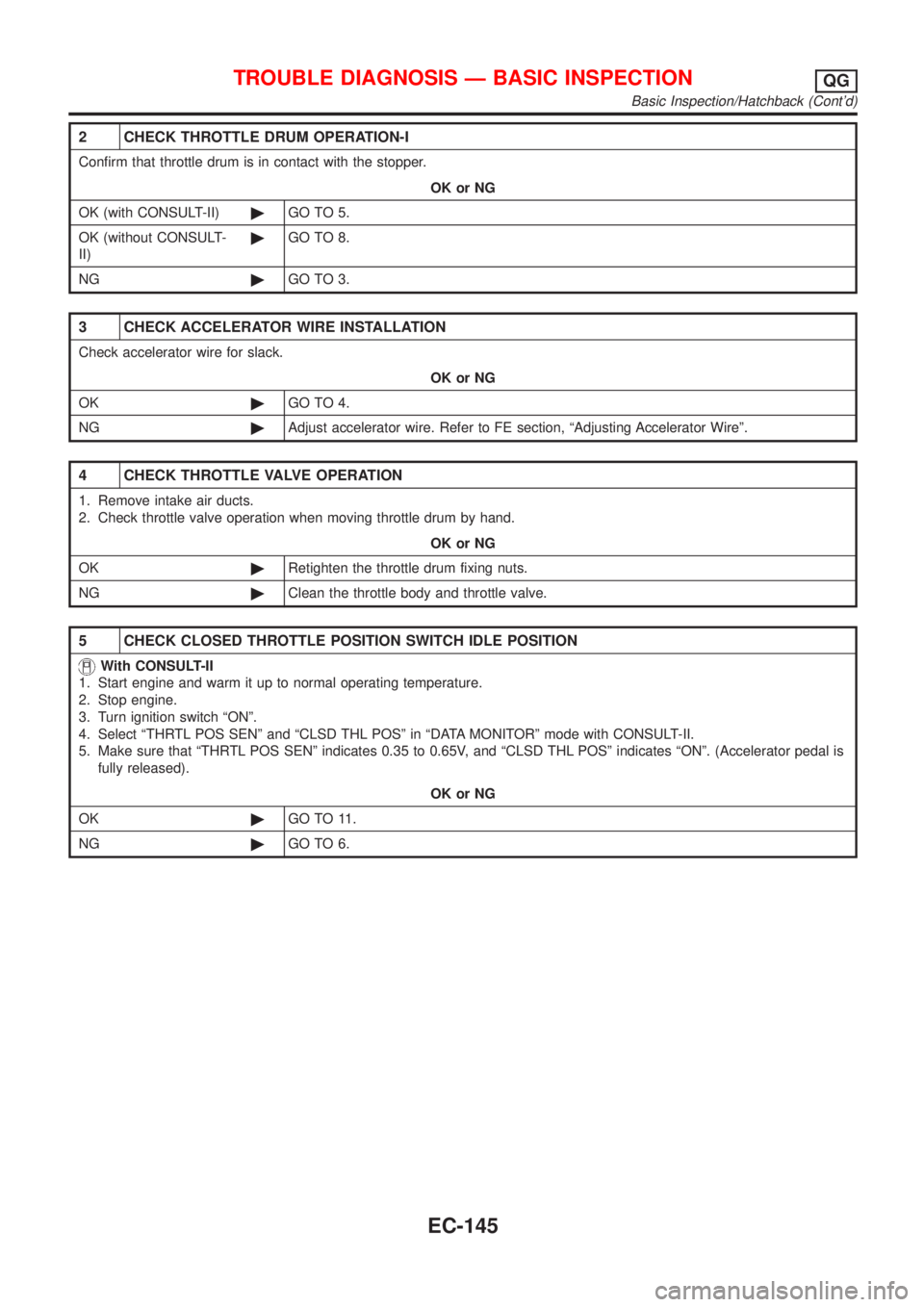 NISSAN ALMERA 2001 Service Manual 2 CHECK THROTTLE DRUM OPERATION-I
Confirm that throttle drum is in contact with the stopper.
OK or NG
OK (with CONSULT-II)©GO TO 5.
OK (without CONSULT-
II)©GO TO 8.
NG©GO TO 3.
3 CHECK ACCELERATOR NISSAN ALMERA 2001 Service Manual 2 CHECK THROTTLE DRUM OPERATION-I
Confirm that throttle drum is in contact with the stopper.
OK or NG
OK (with CONSULT-II)©GO TO 5.
OK (without CONSULT-
II)©GO TO 8.
NG©GO TO 3.
3 CHECK ACCELERATOR