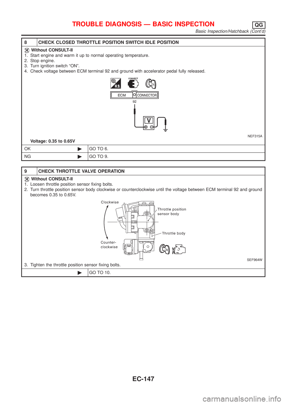NISSAN ALMERA 2001 Service Manual 8 CHECK CLOSED THROTTLE POSITION SWITCH IDLE POSITION
Without CONSULT-II
1. Start engine and warm it up to normal operating temperature.
2. Stop engine.
3. Turn ignition switch ªONº.
4. Check voltag NISSAN ALMERA 2001 Service Manual 8 CHECK CLOSED THROTTLE POSITION SWITCH IDLE POSITION
Without CONSULT-II
1. Start engine and warm it up to normal operating temperature.
2. Stop engine.
3. Turn ignition switch ªONº.
4. Check voltag