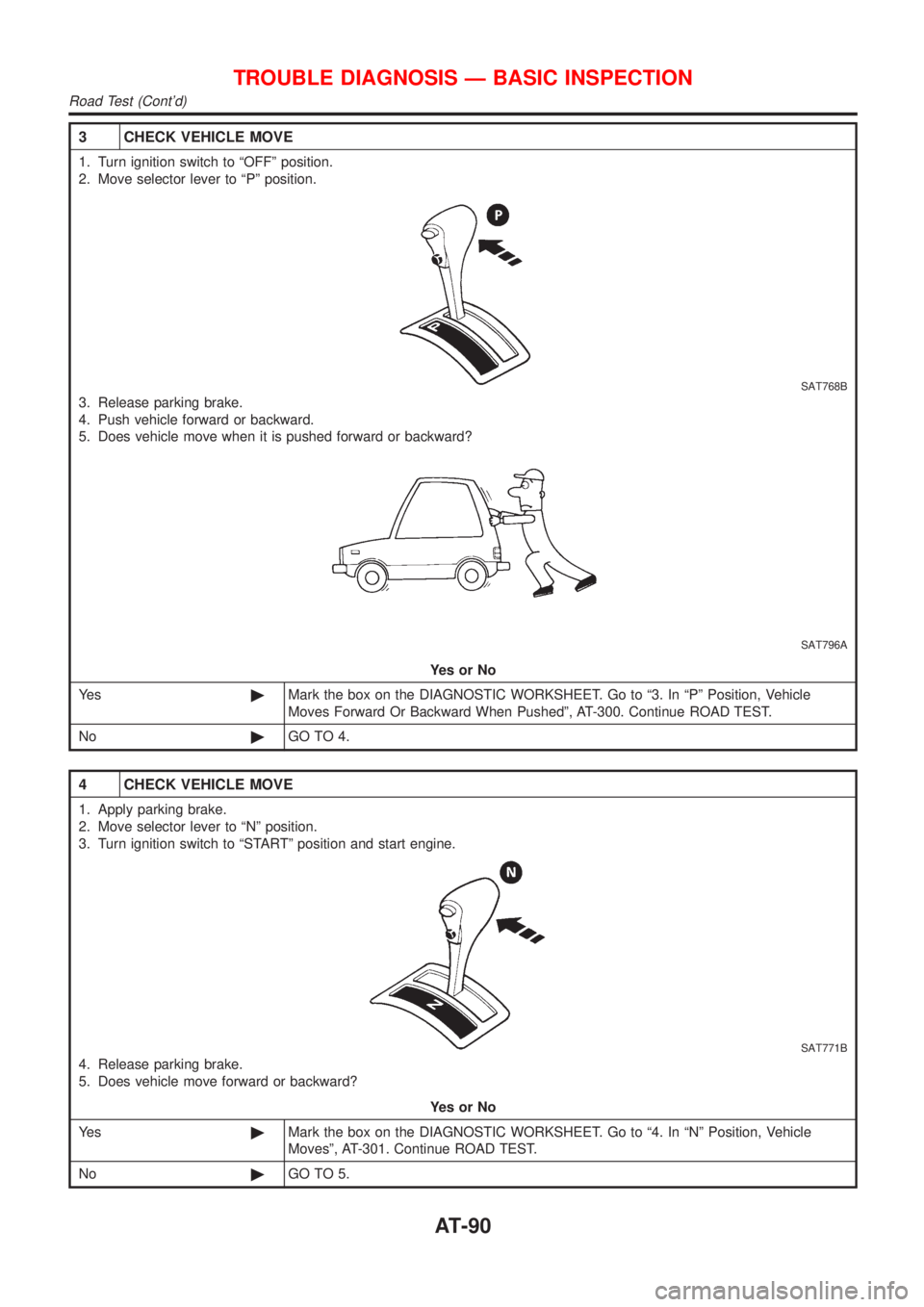 NISSAN ALMERA 2001 Owners Manual 3 CHECK VEHICLE MOVE
1. Turn ignition switch to ªOFFº position.
2. Move selector lever to ªPº position.
SAT768B
3. Release parking brake.
4. Push vehicle forward or backward.
5. Does vehicle move 