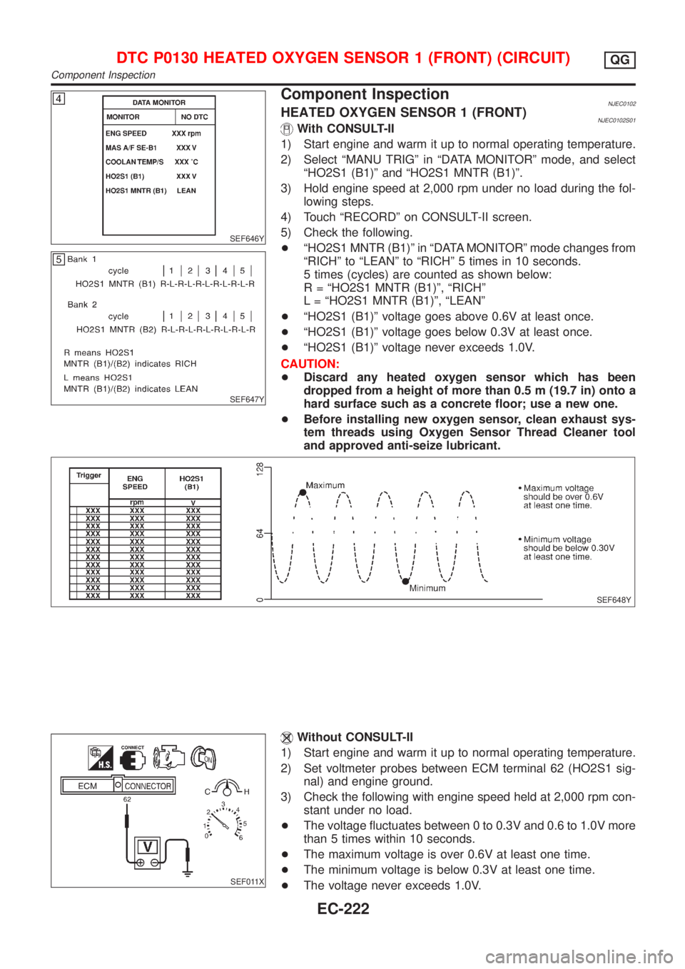 NISSAN ALMERA 2001  Service Manual SEF646Y
SEF647Y
Component InspectionNJEC0102HEATED OXYGEN SENSOR 1 (FRONT)NJEC0102S01With CONSULT-II
1) Start engine and warm it up to normal operating temperature.
2) Select ªMANU TRIGº in ªDATA M