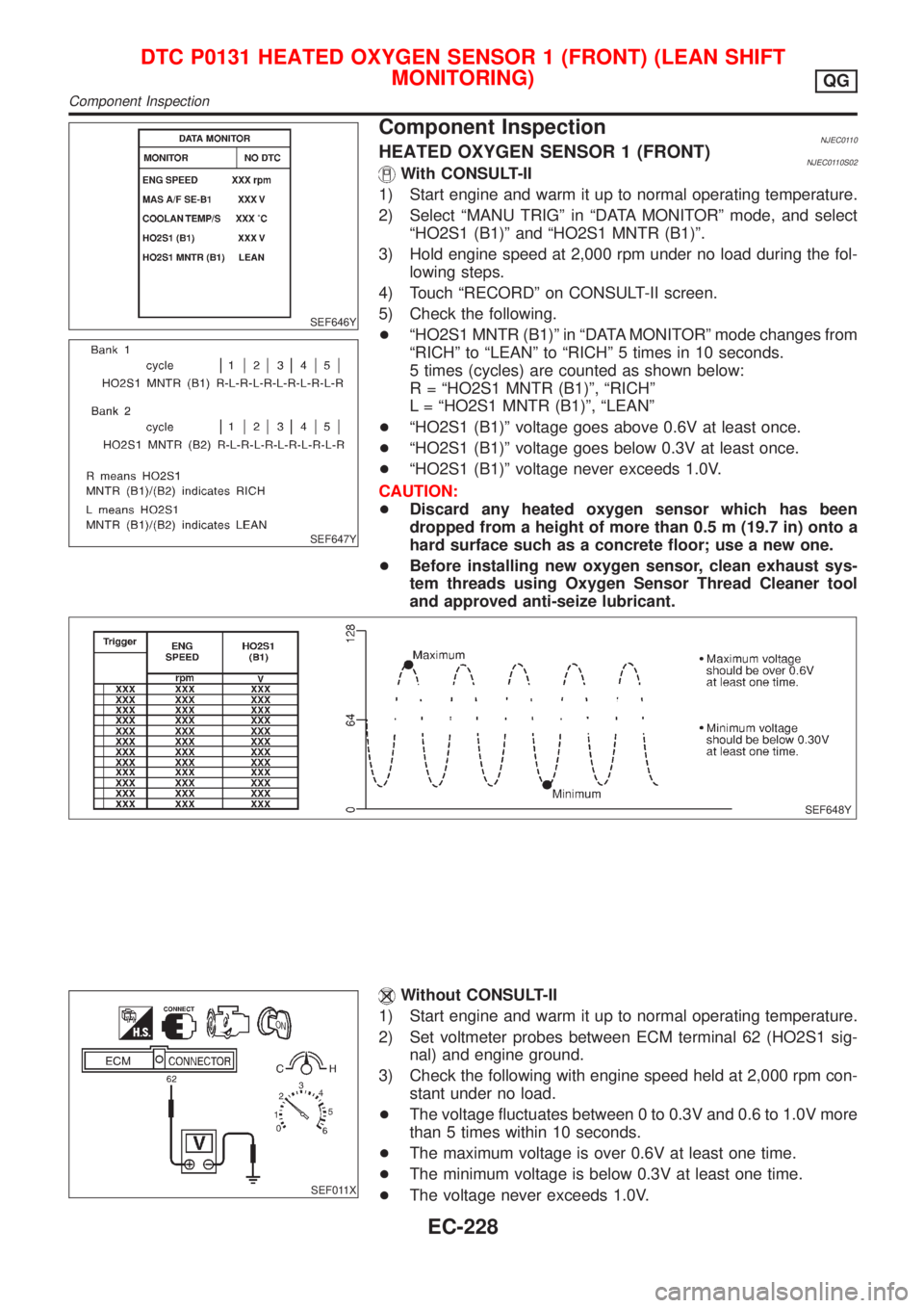 NISSAN ALMERA 2001 Service Manual SEF646Y
SEF647Y
Component InspectionNJEC0110HEATED OXYGEN SENSOR 1 (FRONT)NJEC0110S02With CONSULT-II
1) Start engine and warm it up to normal operating temperature.
2) Select ªMANU TRIGº in ªDATA M NISSAN ALMERA 2001 Service Manual SEF646Y
SEF647Y
Component InspectionNJEC0110HEATED OXYGEN SENSOR 1 (FRONT)NJEC0110S02With CONSULT-II
1) Start engine and warm it up to normal operating temperature.
2) Select ªMANU TRIGº in ªDATA M