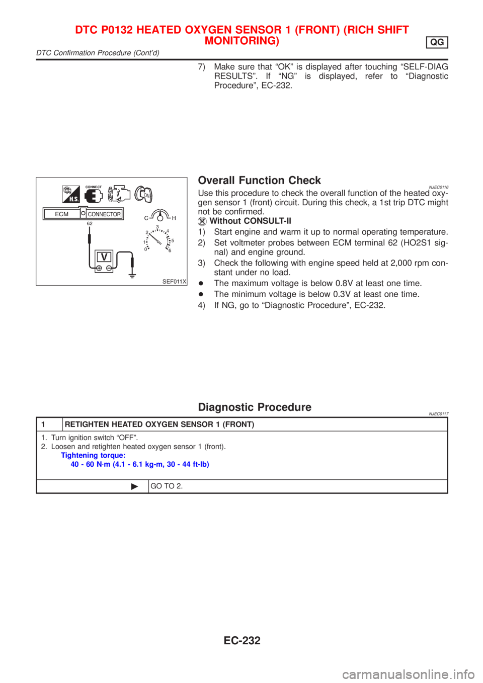 NISSAN ALMERA 2001 Service Manual 7) Make sure that ªOKº is displayed after touching ªSELF-DIAG
RESULTSº. If ªNGº is displayed, refer to ªDiagnostic
Procedureº, EC-232.
SEF011X
Overall Function CheckNJEC0116Use this procedure NISSAN ALMERA 2001 Service Manual 7) Make sure that ªOKº is displayed after touching ªSELF-DIAG
RESULTSº. If ªNGº is displayed, refer to ªDiagnostic
Procedureº, EC-232.
SEF011X
Overall Function CheckNJEC0116Use this procedure