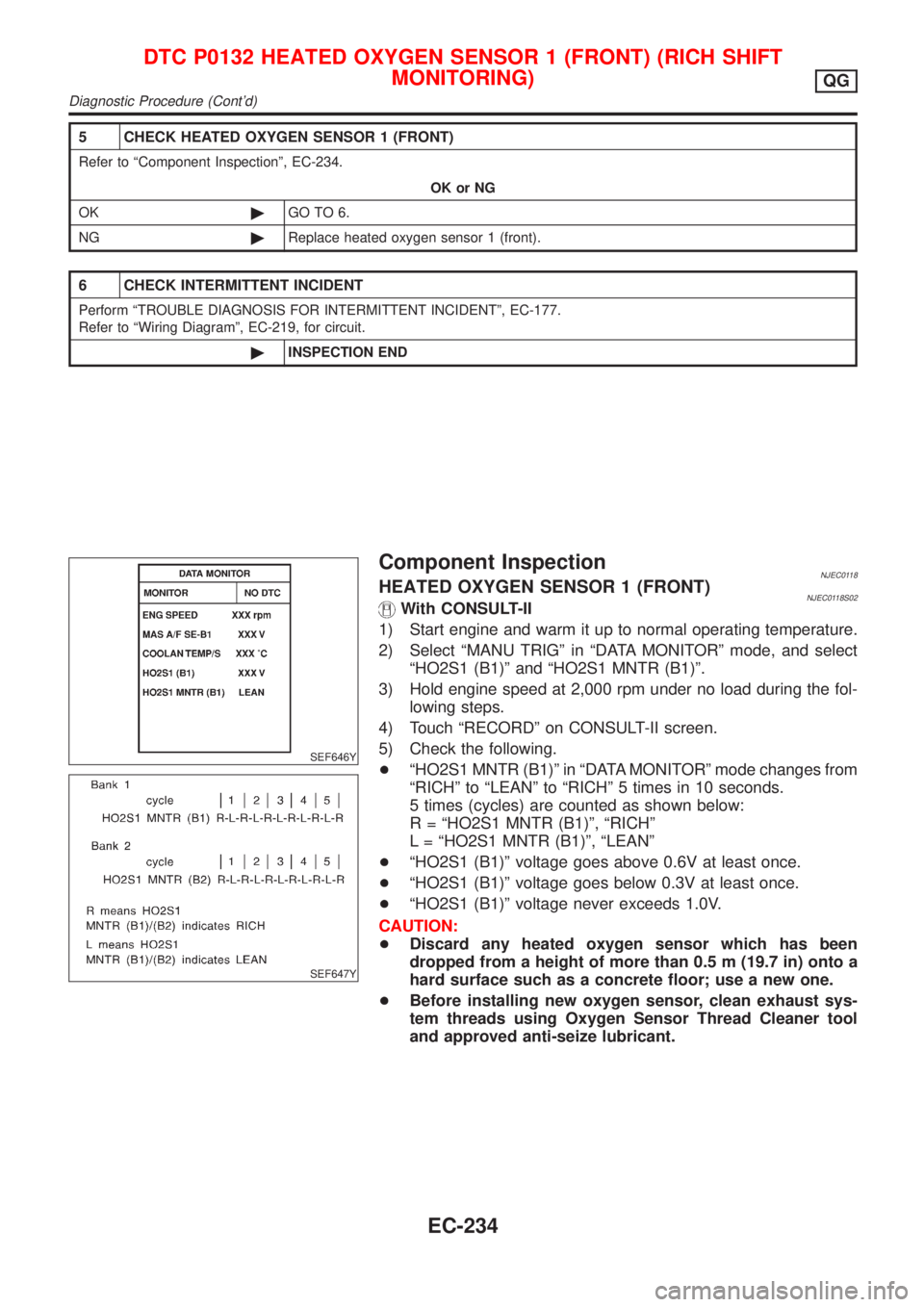 NISSAN ALMERA 2001 Service Manual 5 CHECK HEATED OXYGEN SENSOR 1 (FRONT)
Refer to ªComponent Inspectionº, EC-234.
OK or NG
OK©GO TO 6.
NG©Replace heated oxygen sensor 1 (front).
6 CHECK INTERMITTENT INCIDENT
Perform ªTROUBLE DIAG NISSAN ALMERA 2001 Service Manual 5 CHECK HEATED OXYGEN SENSOR 1 (FRONT)
Refer to ªComponent Inspectionº, EC-234.
OK or NG
OK©GO TO 6.
NG©Replace heated oxygen sensor 1 (front).
6 CHECK INTERMITTENT INCIDENT
Perform ªTROUBLE DIAG
