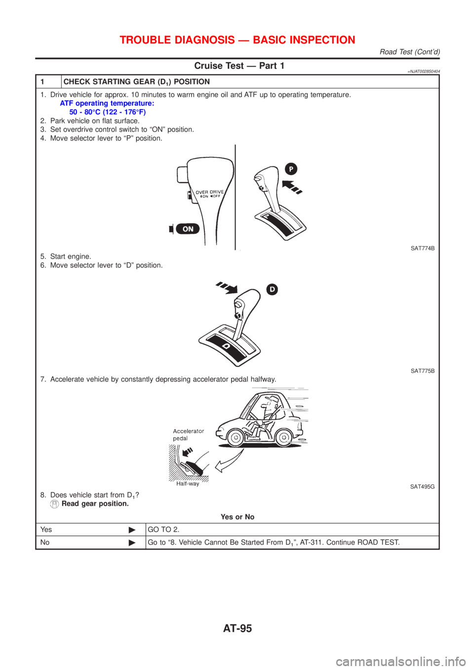 NISSAN ALMERA 2001 Owners Manual Cruise Test Ð Part 1=NJAT0028S0404
1 CHECK STARTING GEAR (D1) POSITION
1. Drive vehicle for approx. 10 minutes to warm engine oil and ATF up to operating temperature.
ATF operating temperature:
50 - 