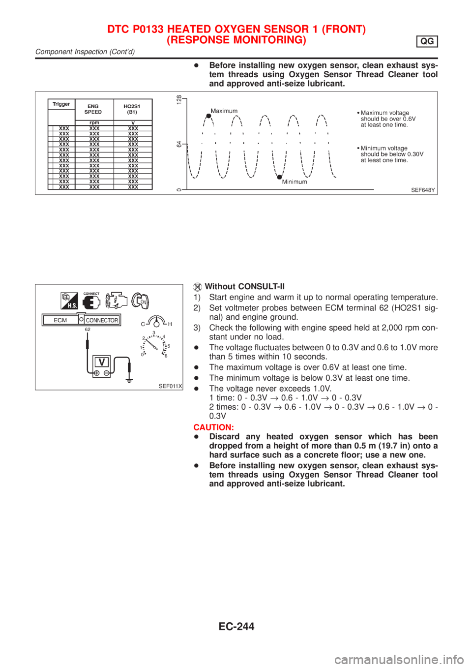NISSAN ALMERA 2001 Service Manual +Before installing new oxygen sensor, clean exhaust sys-
tem threads using Oxygen Sensor Thread Cleaner tool
and approved anti-seize lubricant.
SEF648Y
SEF011X
Without CONSULT-II
1) Start engine and w NISSAN ALMERA 2001 Service Manual +Before installing new oxygen sensor, clean exhaust sys-
tem threads using Oxygen Sensor Thread Cleaner tool
and approved anti-seize lubricant.
SEF648Y
SEF011X
Without CONSULT-II
1) Start engine and w