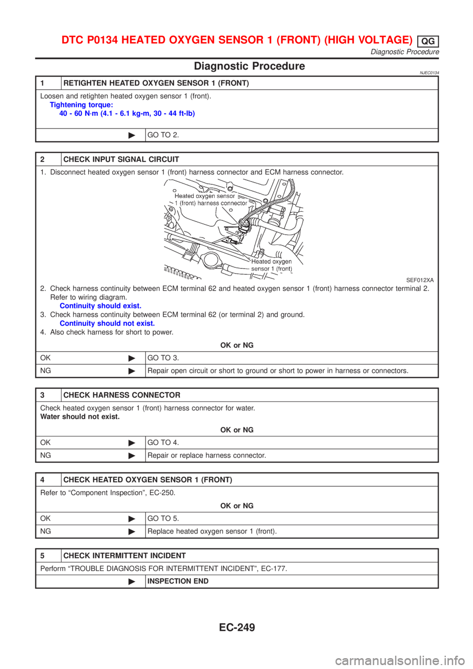NISSAN ALMERA 2001 Service Manual Diagnostic ProcedureNJEC0134
1 RETIGHTEN HEATED OXYGEN SENSOR 1 (FRONT)
Loosen and retighten heated oxygen sensor 1 (front).
Tightening torque:
40 - 60 N´m (4.1 - 6.1 kg-m, 30 - 44 ft-lb)
©GO TO 2.
NISSAN ALMERA 2001 Service Manual Diagnostic ProcedureNJEC0134
1 RETIGHTEN HEATED OXYGEN SENSOR 1 (FRONT)
Loosen and retighten heated oxygen sensor 1 (front).
Tightening torque:
40 - 60 N´m (4.1 - 6.1 kg-m, 30 - 44 ft-lb)
©GO TO 2.