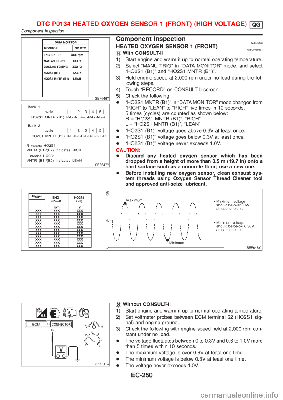 NISSAN ALMERA 2001 Service Manual SEF646Y
SEF647Y
Component InspectionNJEC0135HEATED OXYGEN SENSOR 1 (FRONT)NJEC0135S01With CONSULT-II
1) Start engine and warm it up to normal operating temperature.
2) Select ªMANU TRIGº in ªDATA M NISSAN ALMERA 2001 Service Manual SEF646Y
SEF647Y
Component InspectionNJEC0135HEATED OXYGEN SENSOR 1 (FRONT)NJEC0135S01With CONSULT-II
1) Start engine and warm it up to normal operating temperature.
2) Select ªMANU TRIGº in ªDATA M