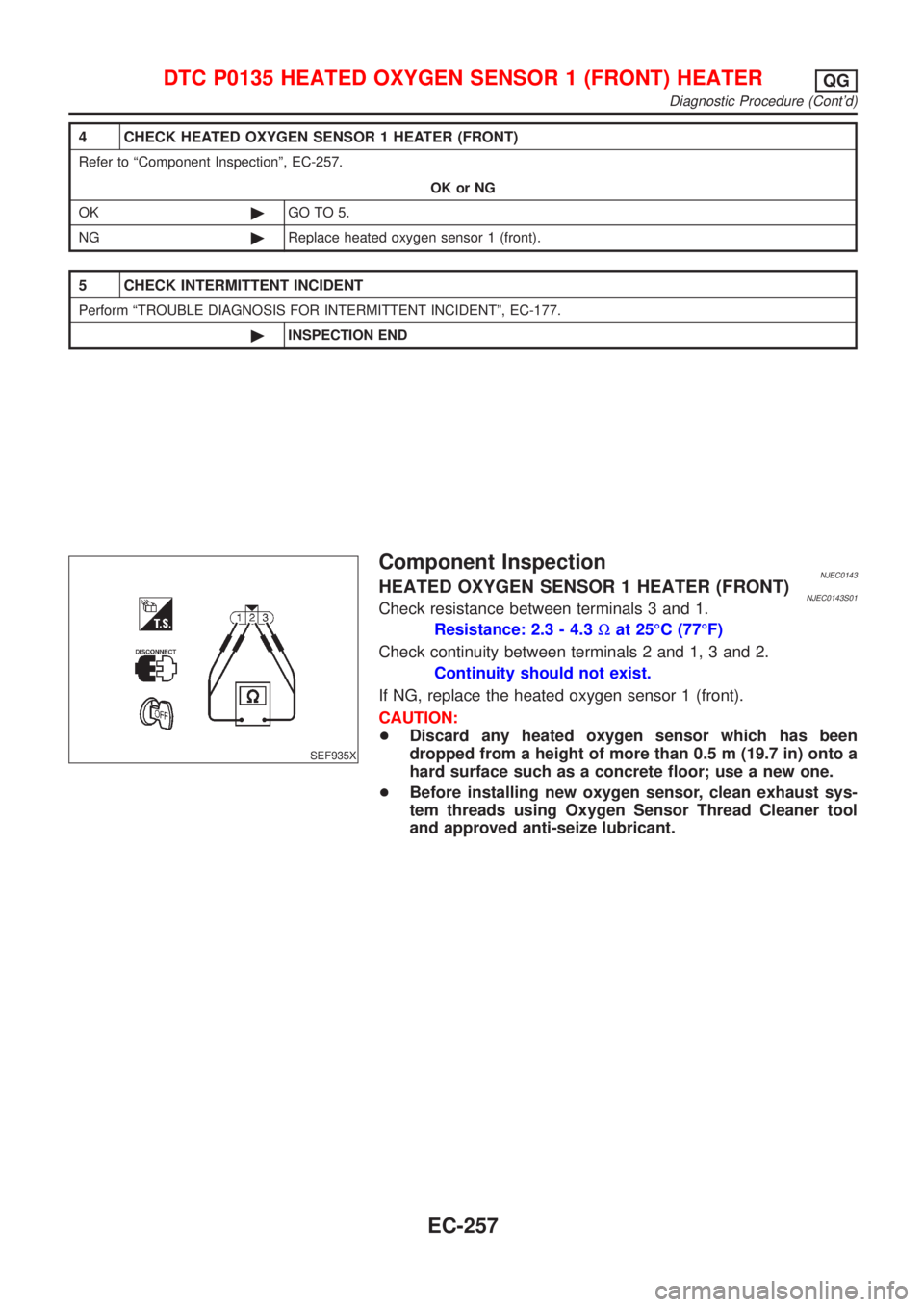 NISSAN ALMERA 2001 Service Manual 4 CHECK HEATED OXYGEN SENSOR 1 HEATER (FRONT)
Refer to ªComponent Inspectionº, EC-257.
OK or NG
OK©GO TO 5.
NG©Replace heated oxygen sensor 1 (front).
5 CHECK INTERMITTENT INCIDENT
Perform ªTROUB NISSAN ALMERA 2001 Service Manual 4 CHECK HEATED OXYGEN SENSOR 1 HEATER (FRONT)
Refer to ªComponent Inspectionº, EC-257.
OK or NG
OK©GO TO 5.
NG©Replace heated oxygen sensor 1 (front).
5 CHECK INTERMITTENT INCIDENT
Perform ªTROUB