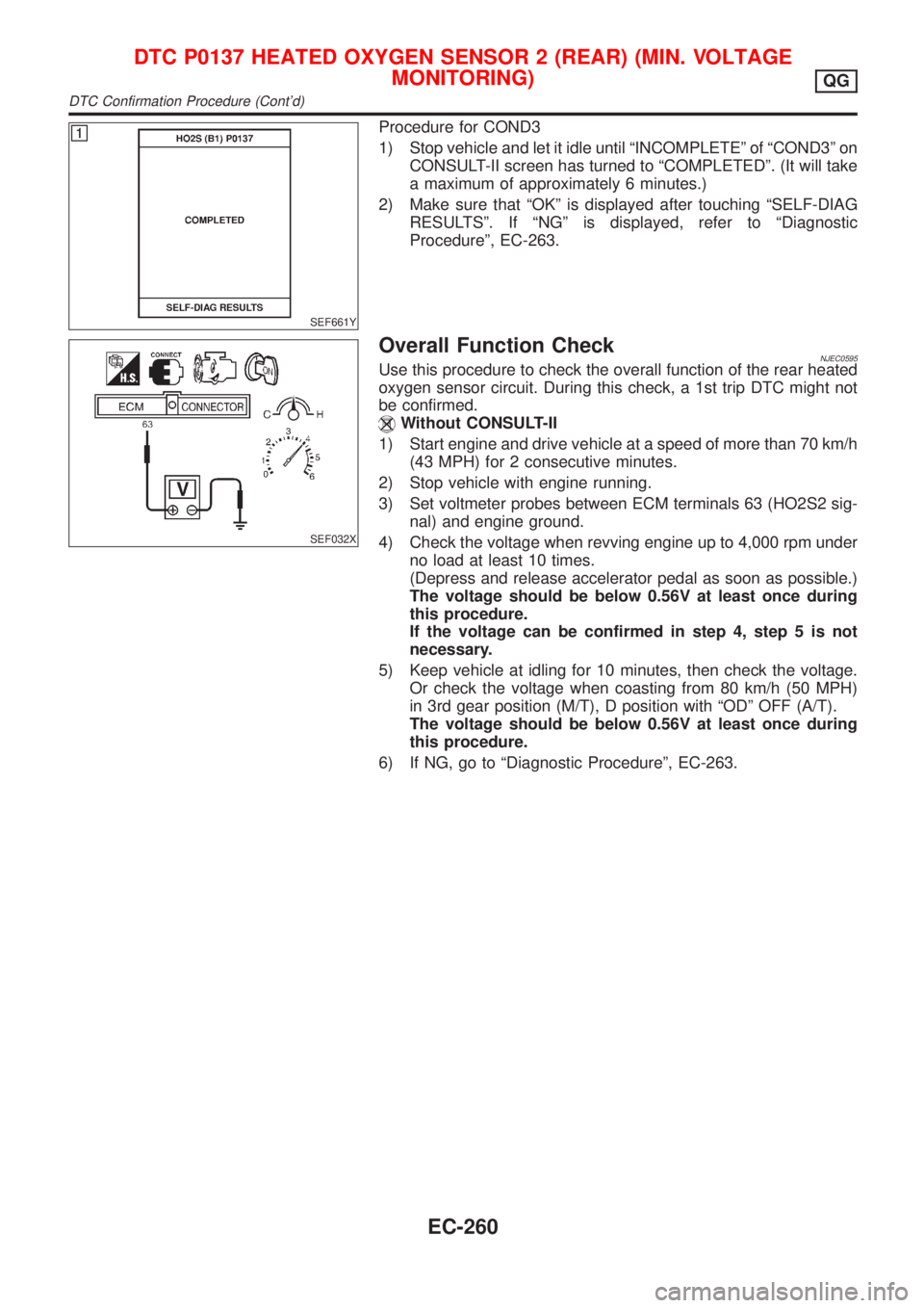 NISSAN ALMERA 2001 Service Manual SEF661Y
Procedure for COND3
1) Stop vehicle and let it idle until ªINCOMPLETEº of ªCOND3º on
CONSULT-II screen has turned to ªCOMPLETEDº. (It will take
a maximum of approximately 6 minutes.)
2) NISSAN ALMERA 2001 Service Manual SEF661Y
Procedure for COND3
1) Stop vehicle and let it idle until ªINCOMPLETEº of ªCOND3º on
CONSULT-II screen has turned to ªCOMPLETEDº. (It will take
a maximum of approximately 6 minutes.)
2)