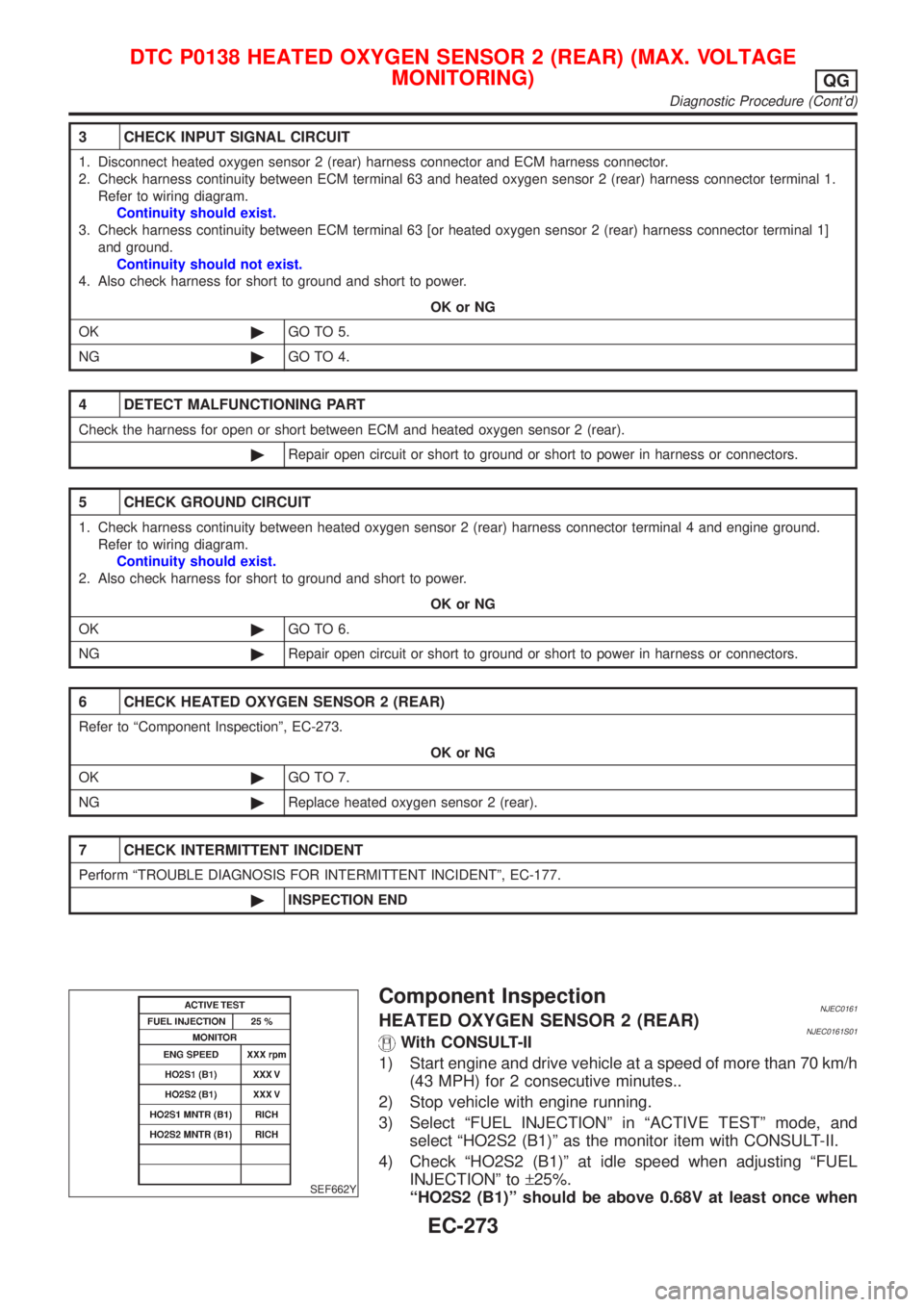 NISSAN ALMERA 2001 Service Manual 3 CHECK INPUT SIGNAL CIRCUIT
1. Disconnect heated oxygen sensor 2 (rear) harness connector and ECM harness connector.
2. Check harness continuity between ECM terminal 63 and heated oxygen sensor 2 (re NISSAN ALMERA 2001 Service Manual 3 CHECK INPUT SIGNAL CIRCUIT
1. Disconnect heated oxygen sensor 2 (rear) harness connector and ECM harness connector.
2. Check harness continuity between ECM terminal 63 and heated oxygen sensor 2 (re