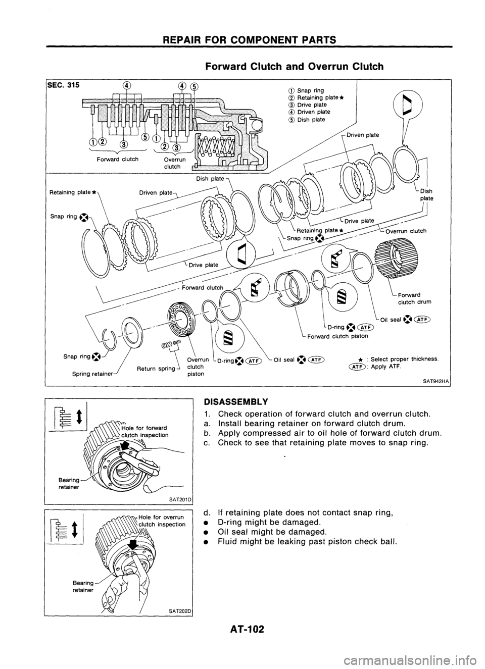 NISSAN ALMERA N15 1995  Service Manual andOverrun Clutch
REPAIR
FORCOMPONENT
Forward Clutch PARTS

Spring retainer Overrun
clutch
piston 
CD

Snap ring
~ Retaining plate
*

~ Drive plate

o 
Driven plate

CID 
Dish plate
Oilseal~~
.~

* :
