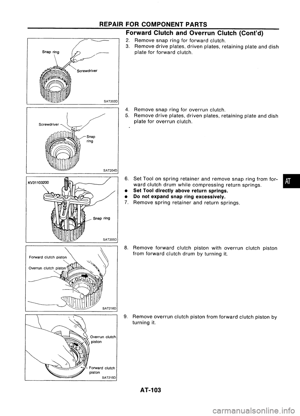 NISSAN ALMERA N15 1995  Service Manual SAT205DSAT203D
SAT204D 
4.
Remove snapringforoverrun clutch.
5. Remove driveplates, drivenplates, retaining plateanddish
plate foroverrun clutch.
6. Set Tool onspring retainer andremove snapringfrom f