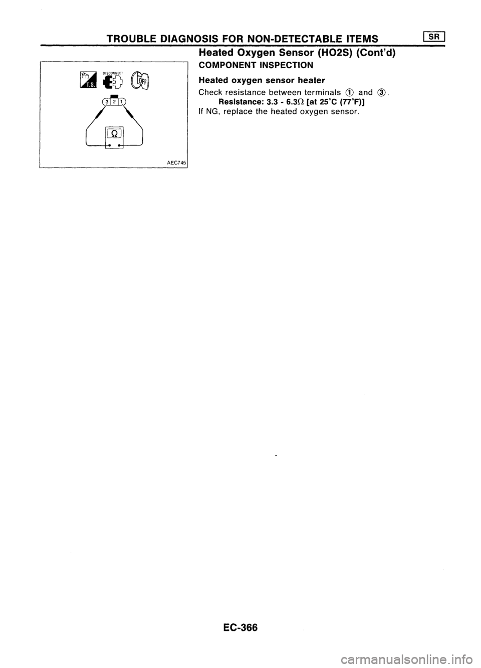 NISSAN ALMERA N15 1995  Service Manual TROUBLEDIAGNOSIS FORNON-DETECTABLE ITEMS[][]
Heated Oxygen Sensor(H02S)(Cont'd)
COMPONENT INSPECTION
Heated oxygen sensorheater

Check resistance betweenterminals 
CD
and 
CID.

Resistance: 
3.3