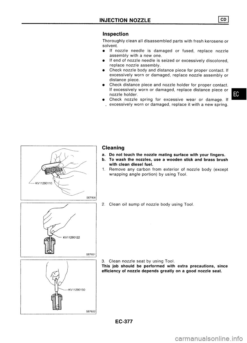 NISSAN ALMERA N15 1995 Service Manual SEF830INJECTION
NOZZLE
Inspection
Thoroughly cleanalldisassembled partswithfresh kerosene or
solvent.
• Ifnozzle needle isdamaged orfused, replace nozzle
assembly withanew one.
• Ifend ofnozzle n NISSAN ALMERA N15 1995 Service Manual SEF830INJECTION
NOZZLE
Inspection
Thoroughly cleanalldisassembled partswithfresh kerosene or
solvent.
• Ifnozzle needle isdamaged orfused, replace nozzle
assembly withanew one.
• Ifend ofnozzle n