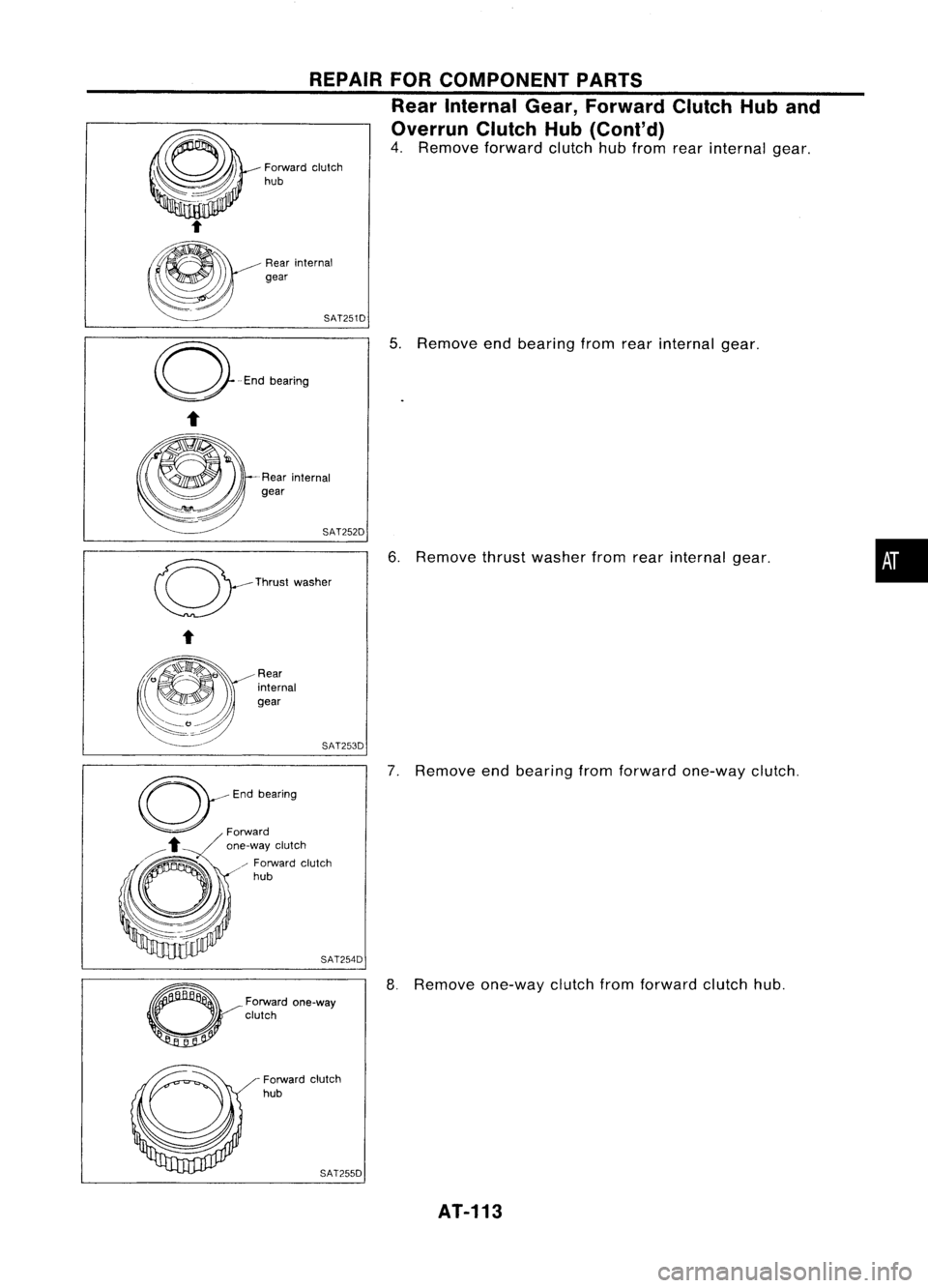 NISSAN ALMERA N15 1995  Service Manual REPAIRFORCOMPONENT PARTS
Rear Internal Gear,Forward ClutchHuband
Overrun ClutchHub(Conl'd)

4. Remove forwardclutchhubfrom rearinternal gear.

Forward clutch
hub
Rear internal
gear
SAT251D
Rear in