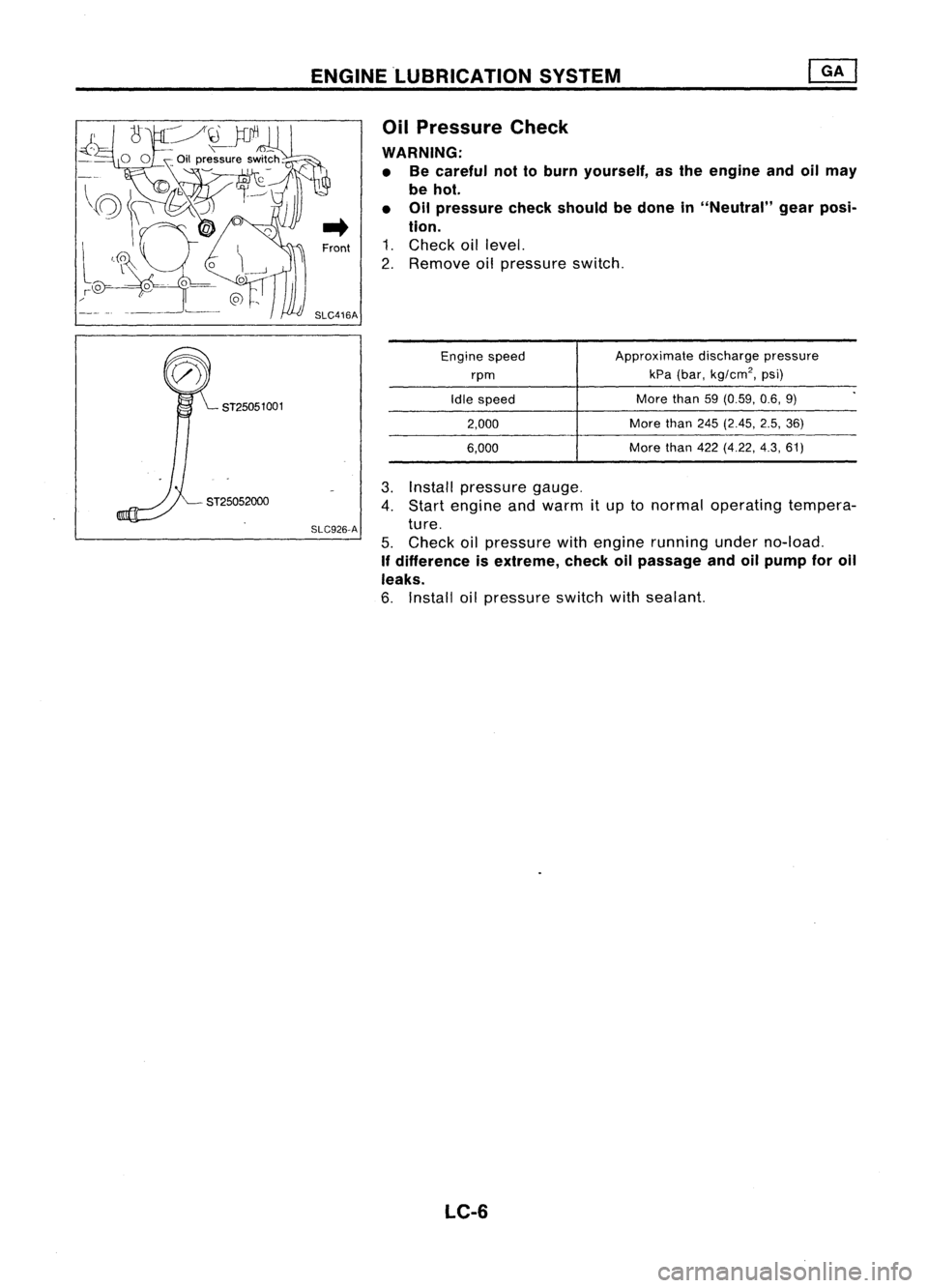 NISSAN ALMERA N15 1995  Service Manual ENGINELUBRICATION SYSTEM

3. Install pressure gauge.
4. Start engine andwarm itup tonormal operating tempera-
ture.
5. Check oilpressure withengine running underno-load.

If difference isextreme, chec