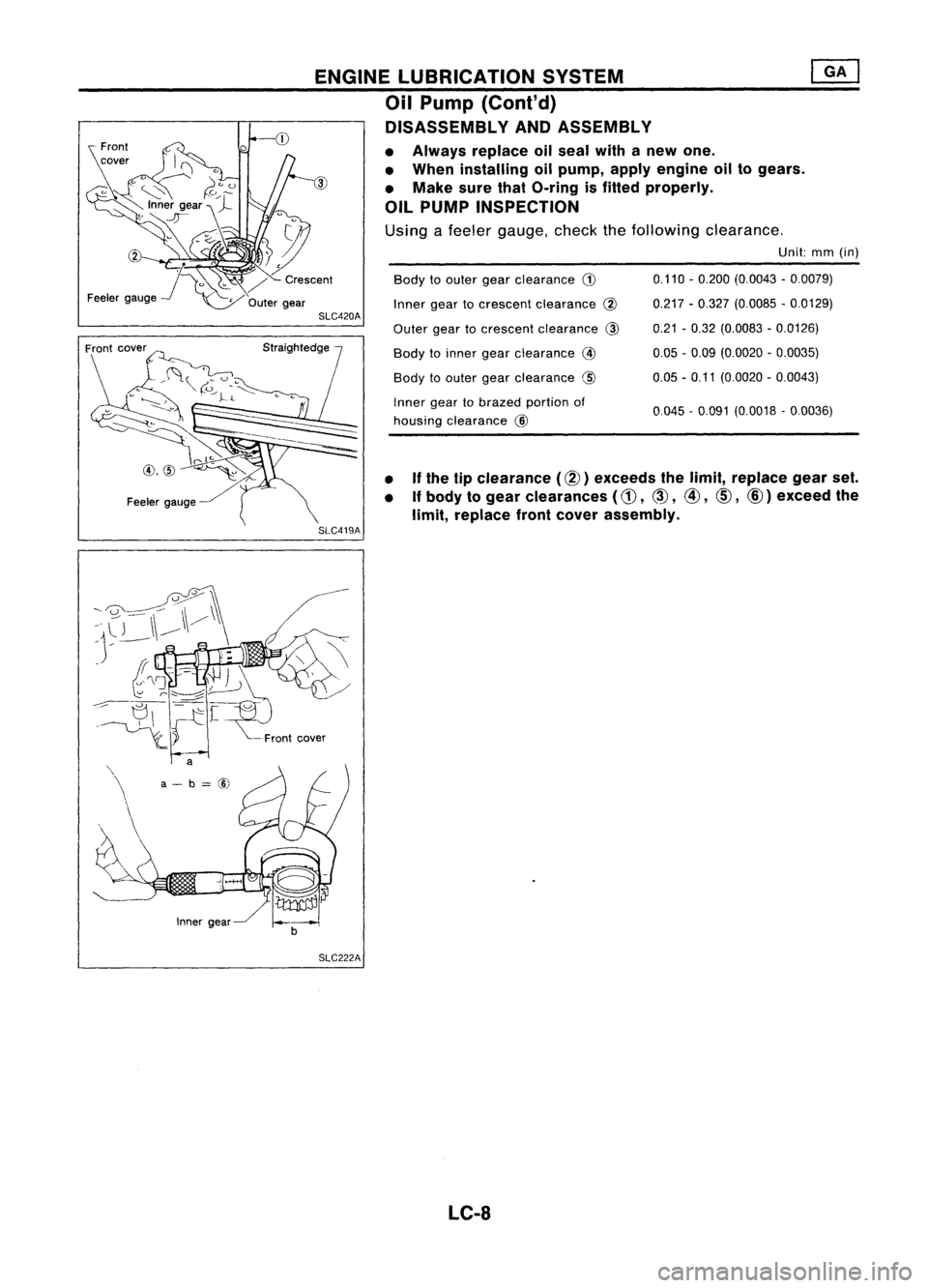 NISSAN ALMERA N15 1995  Service Manual 0.045-0.091 (0.0018 -0.0036)
0.110
-0.200 (0.0043 -0.0079)
0.217 -0.327 (0.0085 -0.0129)
0.21 -0.32 (0.0083 -0.0126)
0.05 -0.09 (0.0020 -0.0035)
0.05 -0.11 (0.0020 -0.0043)

Body
toouter gearclearance