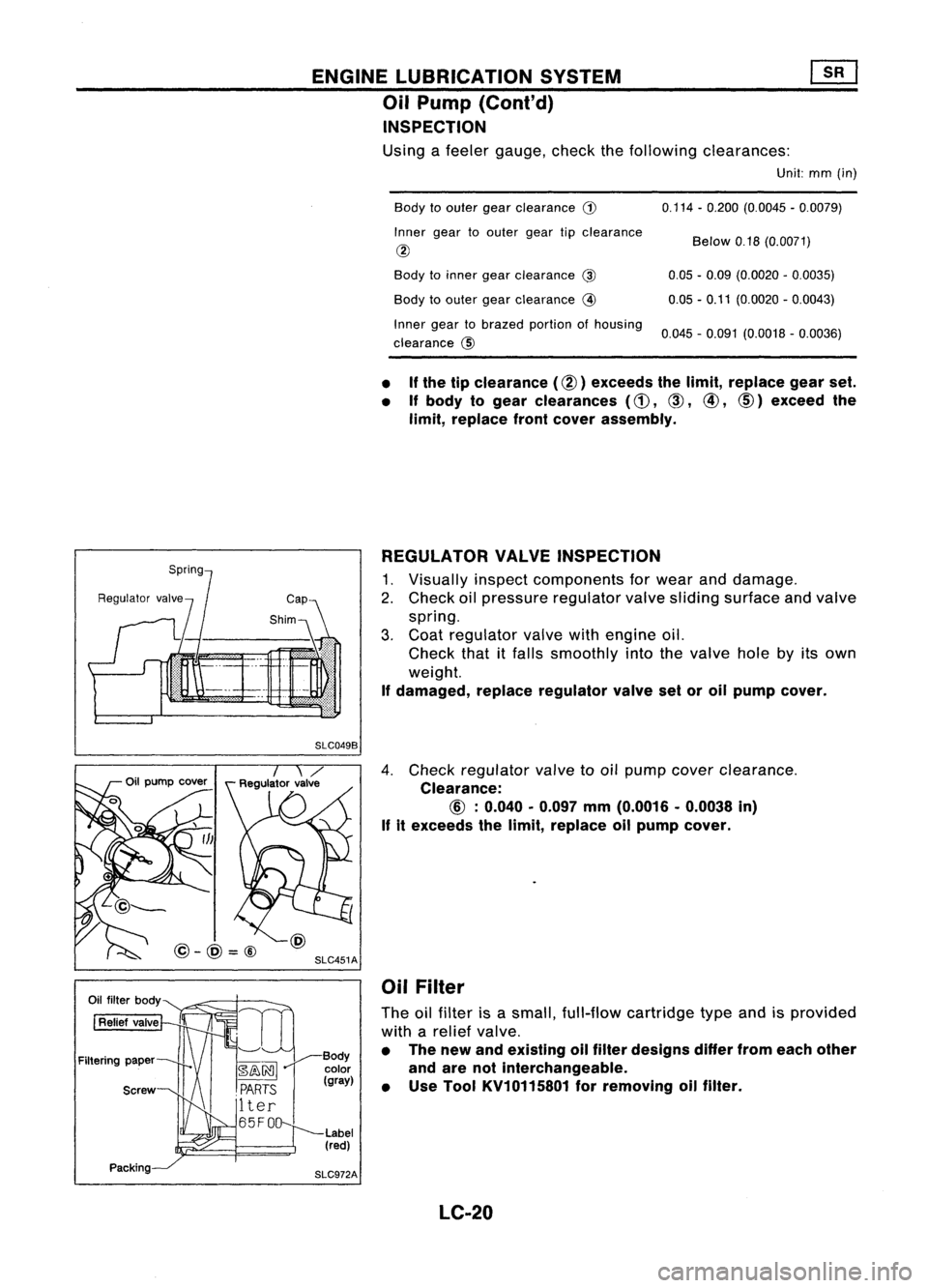 NISSAN ALMERA N15 1995 Service Manual ENGINELUBRICATION SYSTEM
Oil Pump (Cont'd)
INSPECTION
Using afeeler gauge, checkthefollowing clearances:
Unit:mm(in)
Body toouter gearclearance
G)
Inner geartoouter geartipclearance
@
Body toi NISSAN ALMERA N15 1995 Service Manual ENGINELUBRICATION SYSTEM
Oil Pump (Cont'd)
INSPECTION
Using afeeler gauge, checkthefollowing clearances:
Unit:mm(in)
Body toouter gearclearance
G)
Inner geartoouter geartipclearance
@
Body toi