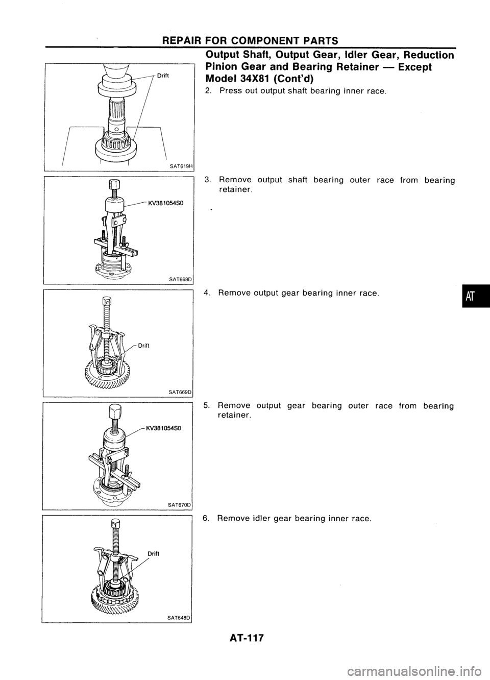 NISSAN ALMERA N15 1995  Service Manual REPAIRFORCOMPONENT PARTS
Output Shaft,Output Gear,IdlerGear, Reduction
Pinion GearandBearing Retainer -Except
Model 34X81(Cont'd)

2. Press outoutput shaftbearing innerrace.

SAT619H 
3.Remove out