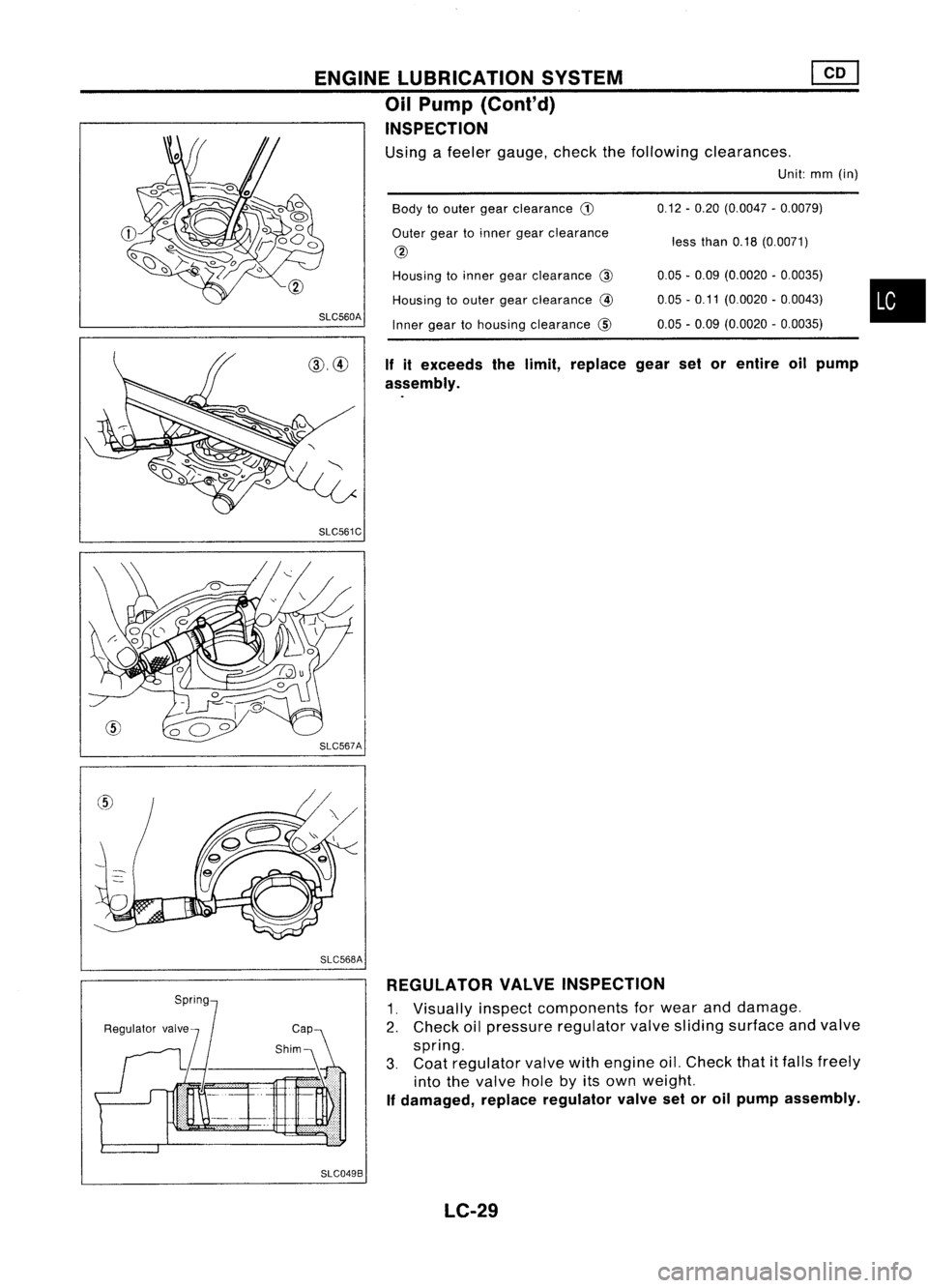 NISSAN ALMERA N15 1995  Service Manual 
•

less
than 0.18(0.0071)
0.12
-0.20 (0.0047 -0.0079)
0.05 -0.09 (0.0020 -0.0035)
0.05 -0.11 (0.0020 -0.0043)
0.05 -0.09 (0.0020 -0.0035)
Body
toouter gearclearance 
CD

Outer geartoinner gearclear
