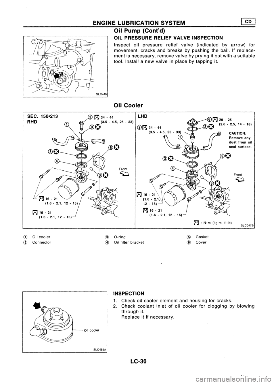 NISSAN ALMERA N15 1995  Service Manual ENGINELUBRICATION SYSTEM
Oil Pump (Cont'd)
OIL PRESSURE RELIEFVALVEINSPECTION

Inspect oilpressure reliefvalve (indicated byarrow) for
movement, cracksandbreaks bypushing theball. Ifreplace-
ment 