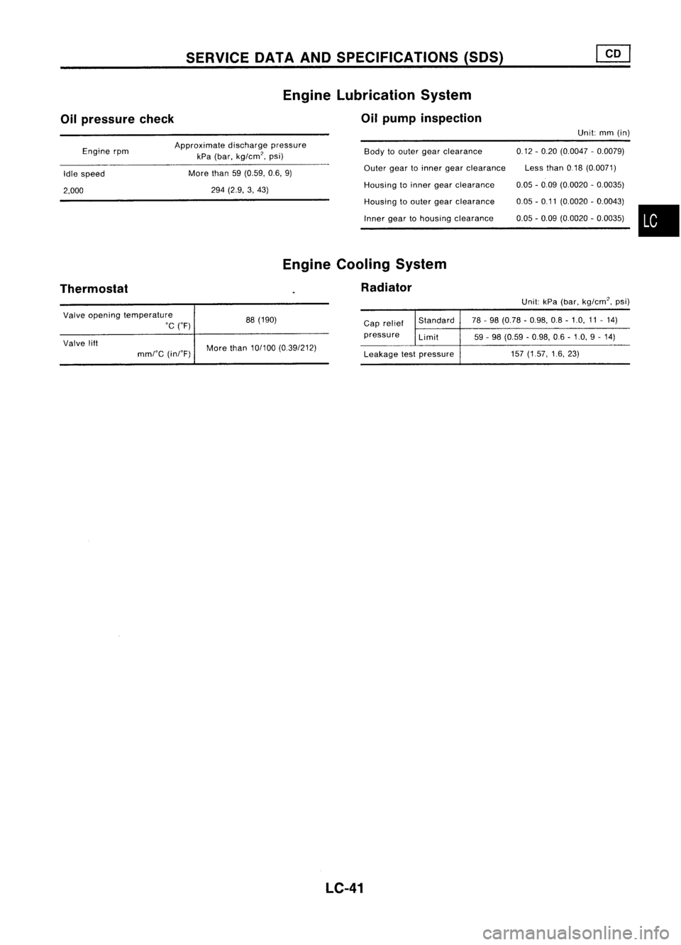 NISSAN ALMERA N15 1995  Service Manual SERVICEOATAAND SPECIFICATIONS (SOS)
Oil pressure check Engine
Lubrication System
Oil pump inspection

Unit:mm(in)
Body toouter gearclearance 0.12-0.20 (0.0047 -0.0079)
Outer geartoinner gearclearance 