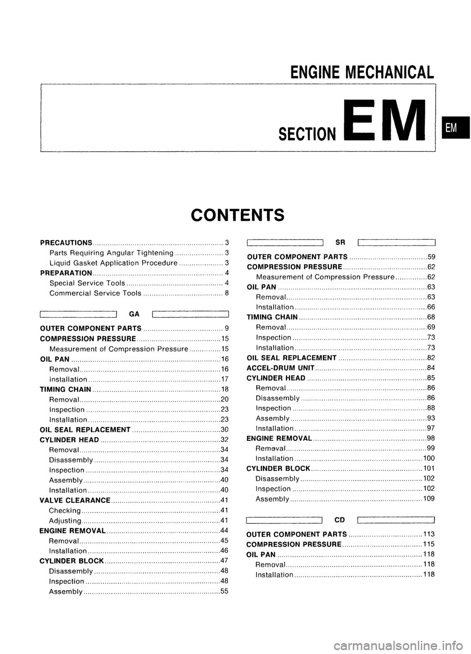 NISSAN ALMERA N15 1995  Service Manual 
ENGINEMECHANICAL
SECTION 
EM
CONTENTS 
•

PRECAUTIONS 
3

Parts Requiring AngularTightening 3
Liquid Gasket Application Procedure 3
PREPARATION 4
Special Service Tools 4
Commercial ServiceTools 8
G
