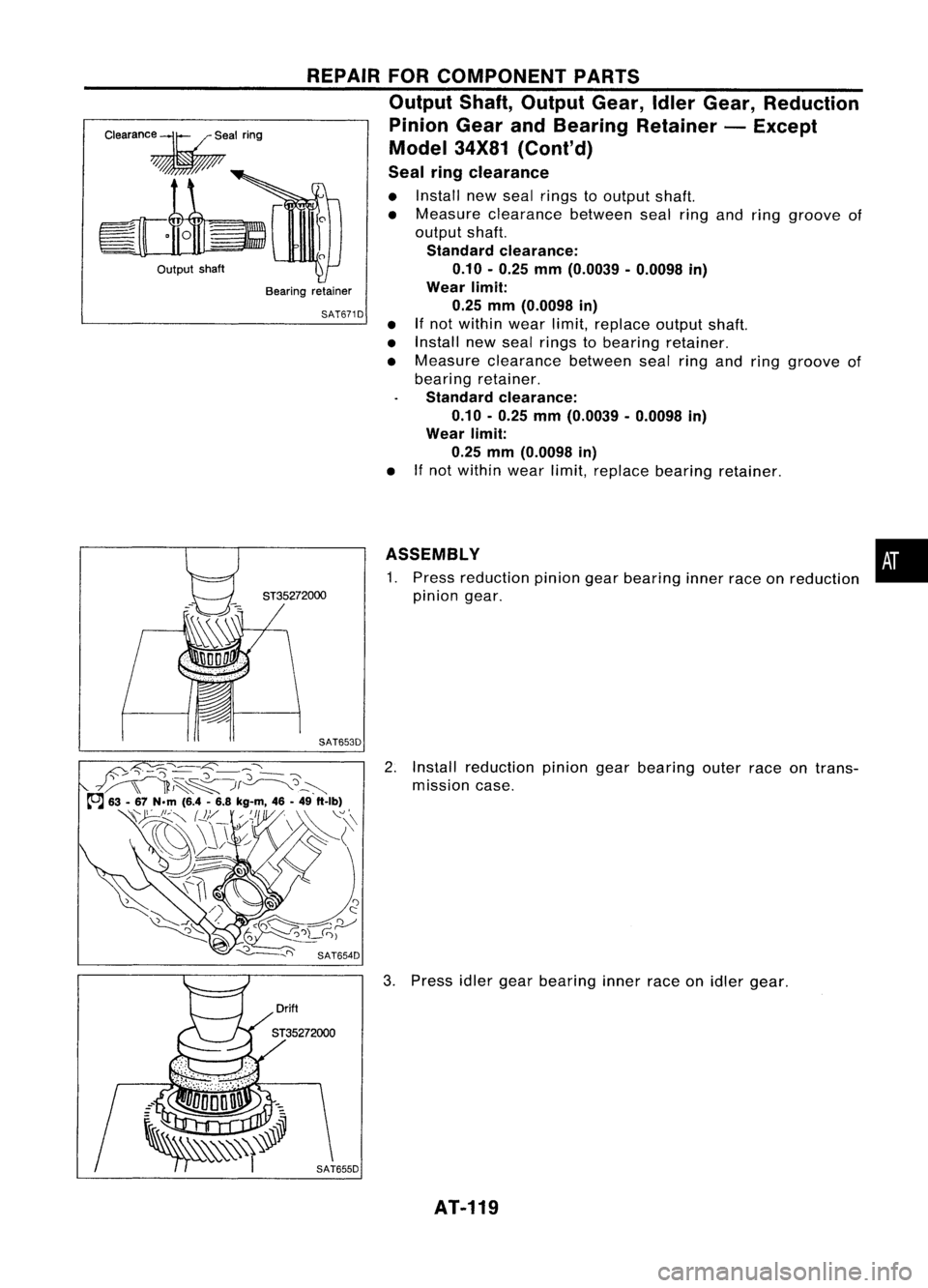 NISSAN ALMERA N15 1995  Service Manual •
•
•
SAT6710
REPAIR
FORCOMPONENT PARTS
Output Shaft,Output Gear,IdlerGear, Reduction
Pinion GearandBearing Retainer -Except
Model 34X81(Cont'd)
Seal ringclearance

• Install newseal rings