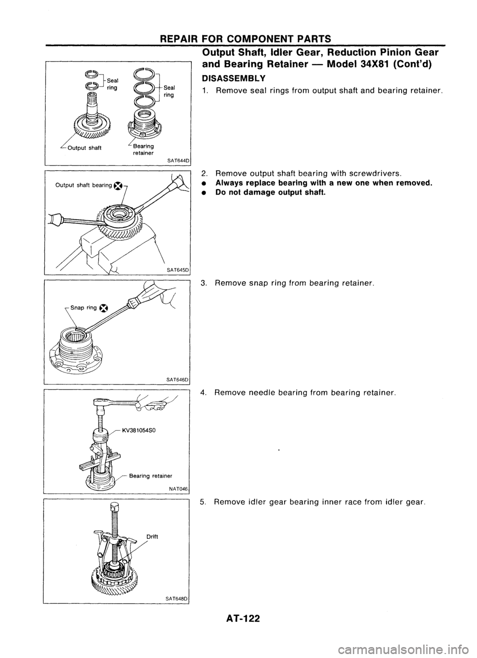 NISSAN ALMERA N15 1995  Service Manual Sealring
~}~eal

~ nng

Output shaftbearing ~ REPAIR
FORCOMPONENT PARTS
Output Shaft,IdlerGear, Reduction PinionGear
and Bearing Retainer -Model 34X81(Cont'd)
DISASSEMBL Y

1. Remove sealrings fro