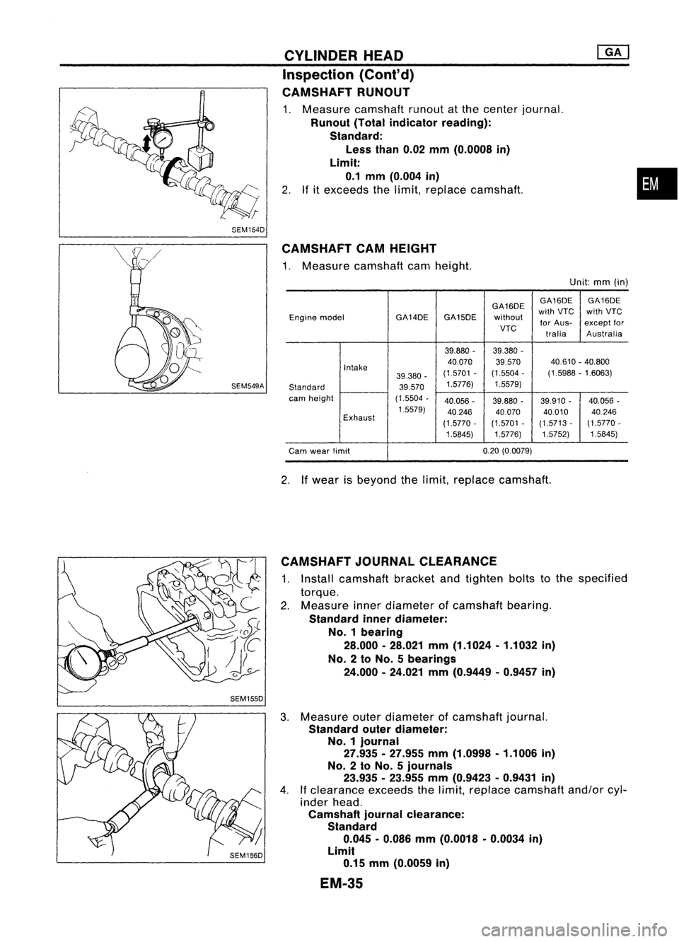 NISSAN ALMERA N15 1995 Service Manual SEM154D
SEM549A CYLINDER
HEAD
Inspection (Cont'd)
CAMSHAFT RUNOUT
1. Measure camshaft runoutatthe center journal.
Runout (Totalindicator reading):
Standard: Less than0.02mm(0.0008 in)
Limit: 0.1 NISSAN ALMERA N15 1995 Service Manual SEM154D
SEM549A CYLINDER
HEAD
Inspection (Cont'd)
CAMSHAFT RUNOUT
1. Measure camshaft runoutatthe center journal.
Runout (Totalindicator reading):
Standard: Less than0.02mm(0.0008 in)
Limit: 0.1