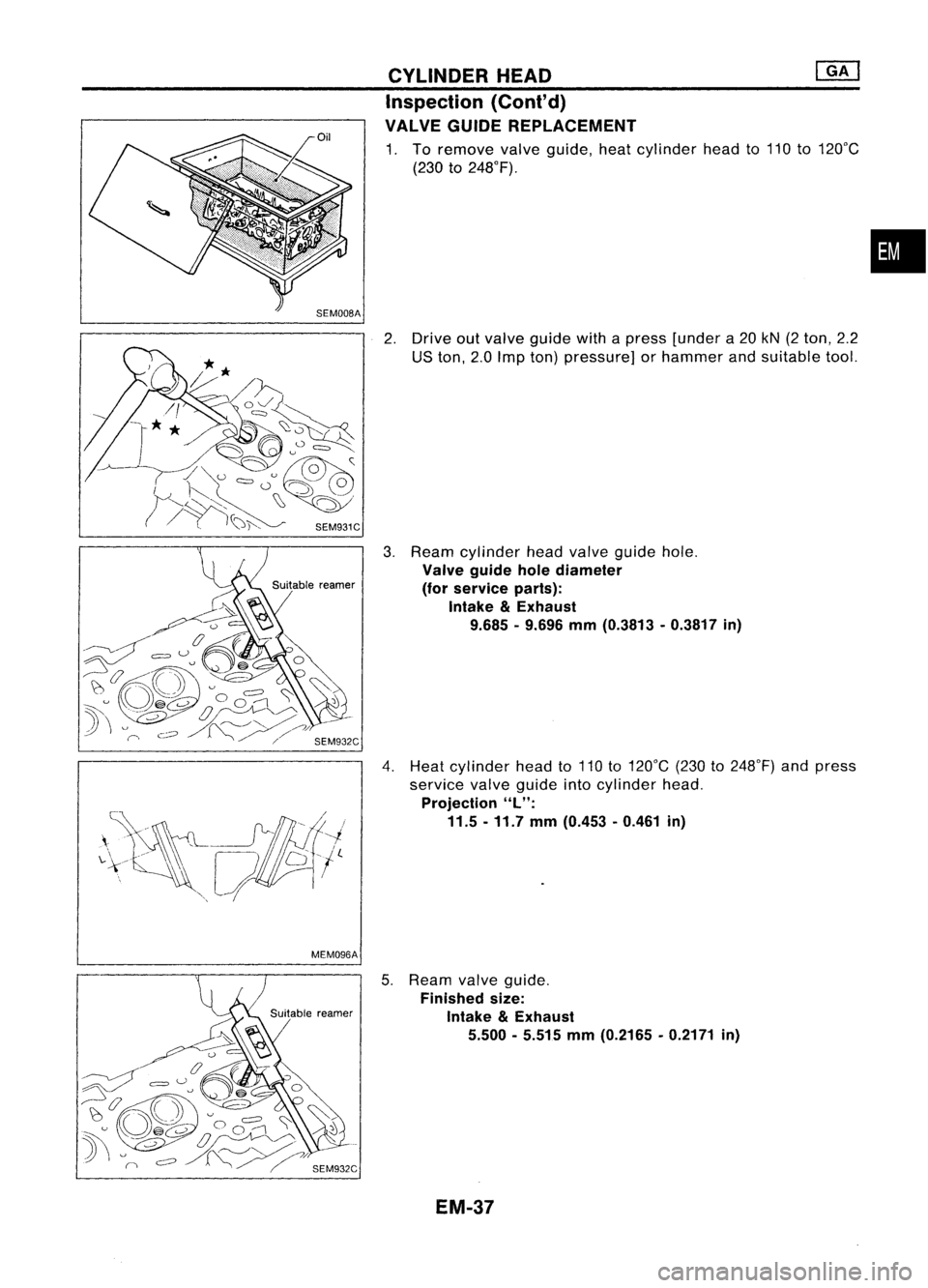 NISSAN ALMERA N15 1995  Service Manual SEM008A
MEM09SA CYLINDER
HEAD 
[]KJ

Inspection (Cont'd)
VALVE GUIDEREPLACEMENT

1. Toremove valveguide, heatcylinder headto110 to120°C
(230 to248°F).
2. Drive outvalve guide withapress [under a
