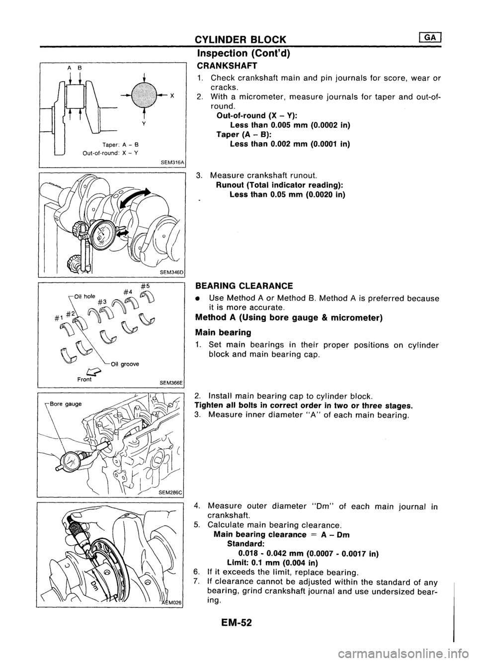 NISSAN ALMERA N15 1995 Service Manual
AB
Taper:A-B
Out-at-round: X-
y
Oil groove
y
SEM316A
SEM366E CYLINDER
BLOCK ~
Inspection (Cont'd)
CRANKSHAFT
1. Check crankshaft mainandpinjournals forscore, wearor
cracks.
2. With amicromet NISSAN ALMERA N15 1995 Service Manual
AB
Taper:A-B
Out-at-round: X-
y
Oil groove
y
SEM316A
SEM366E CYLINDER
BLOCK ~
Inspection (Cont'd)
CRANKSHAFT
1. Check crankshaft mainandpinjournals forscore, wearor
cracks.
2. With amicromet