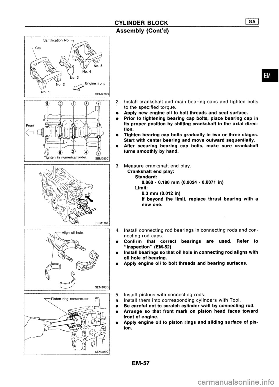 NISSAN ALMERA N15 1995 Service Manual
IdentificationNo.
\ca
p
\
NO.1
t.:?
Enginefront
SEM420C CYLINDER
BLOCK
Assembly (Cont'd)
•
Front
Pistonringcompressor
SEM293C
2.
Install crankshaft andmain bearing capsandtighten bolts NISSAN ALMERA N15 1995 Service Manual
IdentificationNo.
\ca
p
\
NO.1
t.:?
Enginefront
SEM420C CYLINDER
BLOCK
Assembly (Cont'd)
•
Front
Pistonringcompressor
SEM293C
2.
Install crankshaft andmain bearing capsandtighten bolts