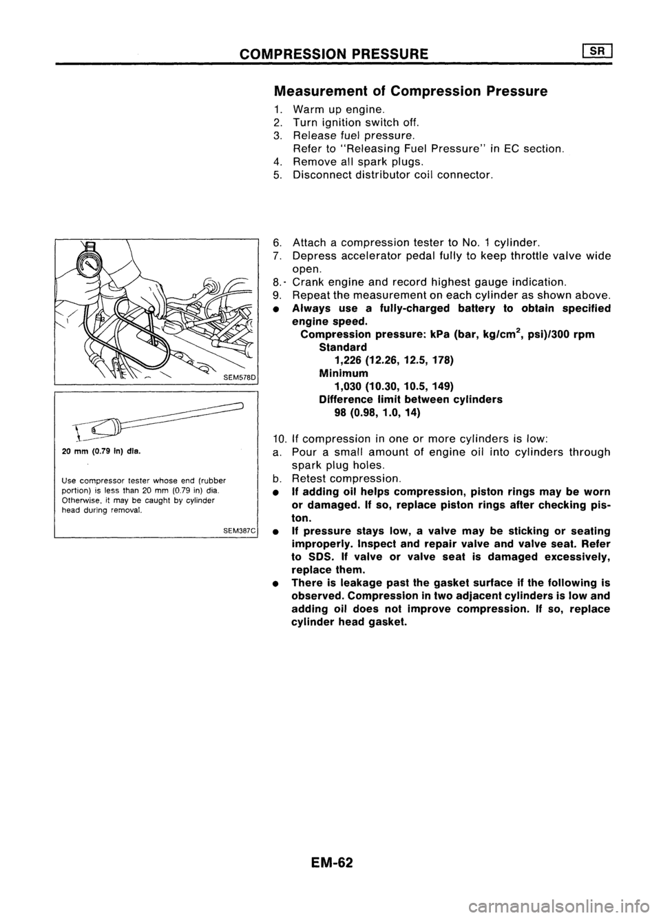 NISSAN ALMERA N15 1995  Service Manual COMPRESSIONPRESSURE

Measurement ofCompression Pressure

1. Warm upengine.
2. Turn ignition switchoff.
3. Release fuelpressure.
Refer to"Releasing FuelPressure" inEC section.
4. Remove allspar
