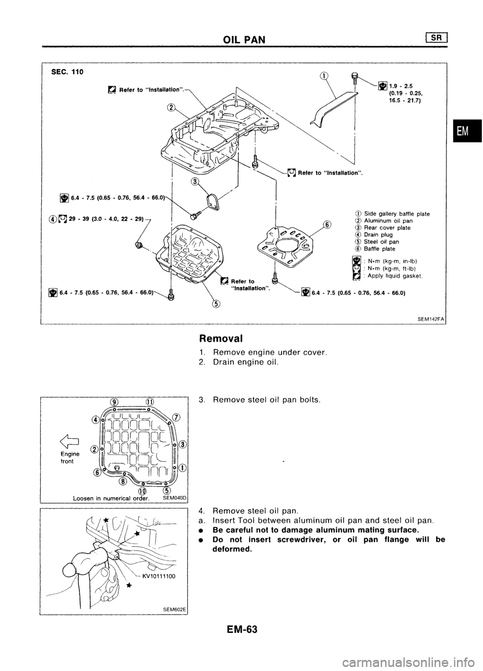NISSAN ALMERA N15 1995  Service Manual OILPAN

SEC. 110

~ReIer to
"Installation".

@ @

~o o~

@ojooEE~CD

~]DOCn[l[ ~
~ @o
JCJC)Ol~CI /
i
CID

~:~~ne ~~ 
l[lCJL 
L~

@ ~ ~'llrrlriQ)

@ 
=0

Q]J 
5

Loosen innumerical order. S