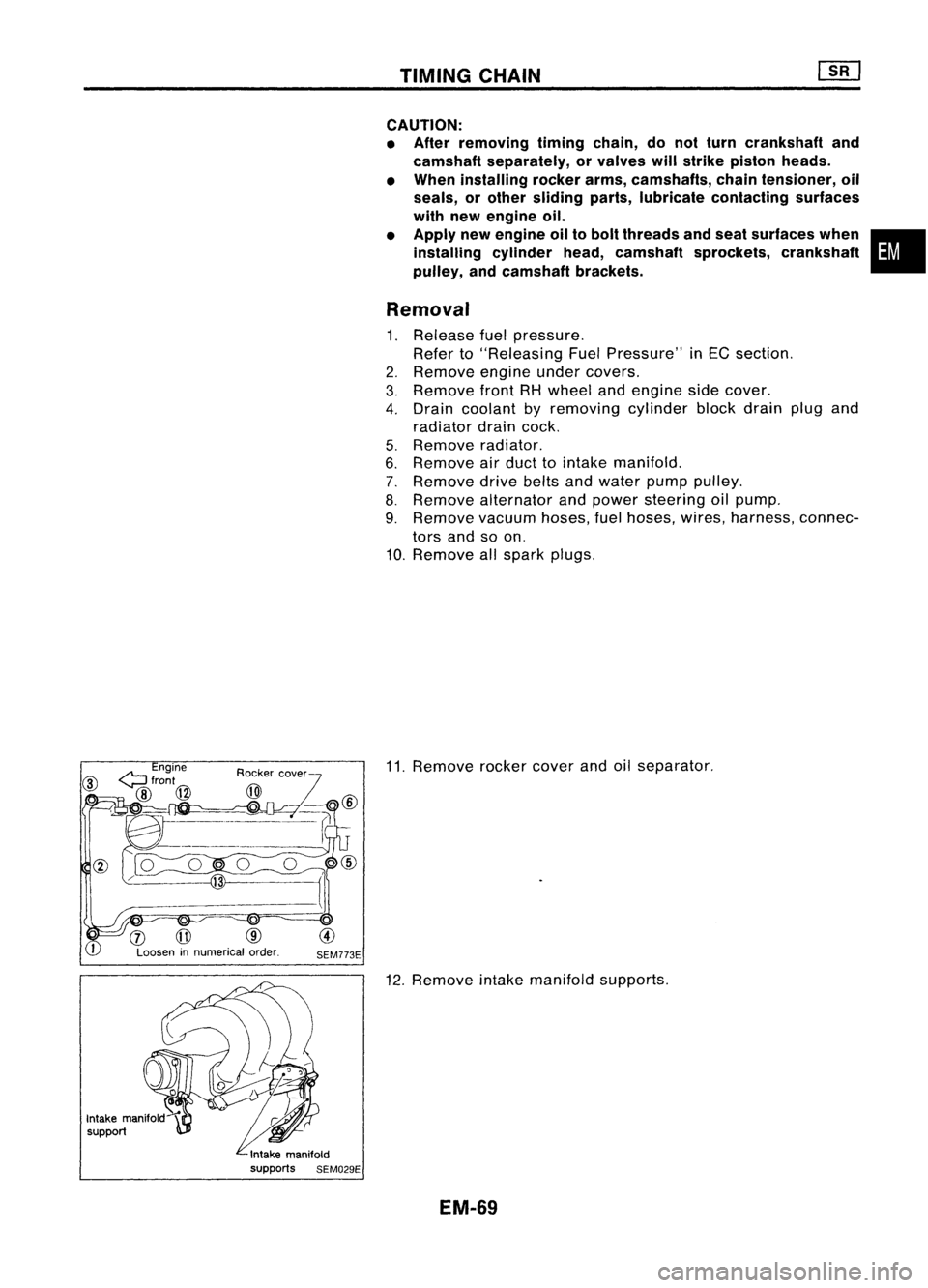 NISSAN ALMERA N15 1995  Service Manual TIMINGCHAIN
CAUTION:
• After removing timingchain,donot turn crankshaft and
camshaft separately, orvalves willstrike piston heads.
• When installing rockerarms,camshafts, chaintensioner, oil
seals
