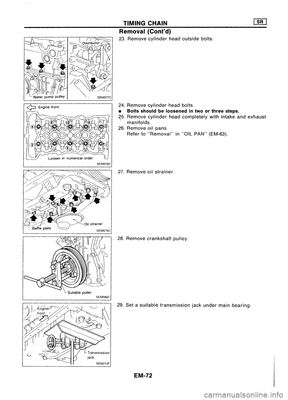 NISSAN ALMERA N15 1995  Service Manual SEM978C
SEM980C
SEM213F TIMING
CHAIN
Removal (Cont'd)

23. Remove cylinder headoutside bolts.
24. Remove cylinder headbolts.

• Bolts should beloosened intwo orthree steps.

~5. Remove cylinder 