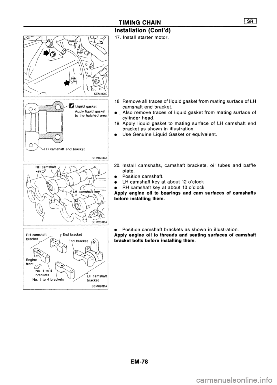 NISSAN ALMERA N15 1995  Service Manual SEM354D

f'J 
liquid gasket

Apply 
liquidgasket
to the hatched area.

o ~ 
LHcamshaft endbracket

SEM075DA

RH camShaft./'::~nd bracket
brackey 
0
Edb kt
~ "nrace 
(1)

~~~;~ ~.o
o.
00