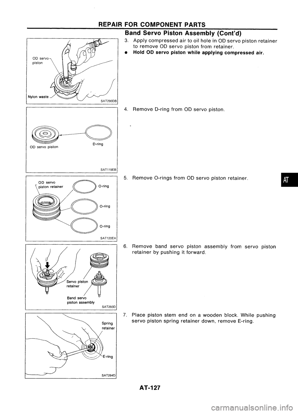 NISSAN ALMERA N15 1995  Service Manual REPAIRFORCOMPONENT PARTS
Band Servo Piston Assembly (Cont'd)

3. Apply compressed airtooil hole inaD servo piston retainer
to remove aDservo piston fromretainer.

• Hold 00servo piston whileappl