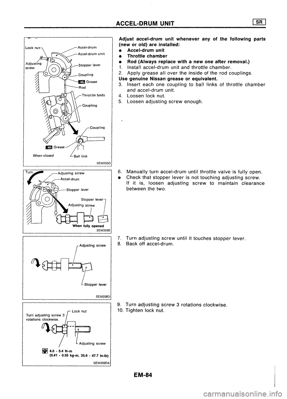 NISSAN ALMERA N15 1995  Service Manual 
..:;:r--
Coupling

Ii! 
Grease
Rod

Throttle body

Coupling
LCOUPJing

~ 9

Ii! 
Grease ~
When closed 4a'"link

SEM205D

Tr;rn ~Adjusting serew
_ /- Aeeel-drum

"""7'i'i\.