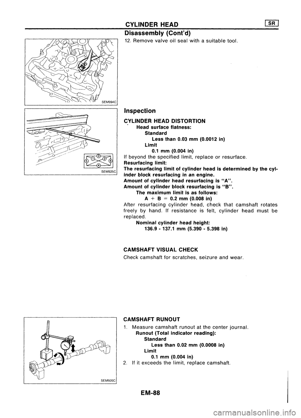 NISSAN ALMERA N15 1995  Service Manual SEM925CCYLINDER
HEAD
Disassembly (Cont'd)

12. Remove valveoilseal with asuitable tool.

Inspection
CYLINDER HEADDISTORTION
. Head surface flatness:
Standard Less than0.03mm(0.0012 in)
Limit
0.1 m